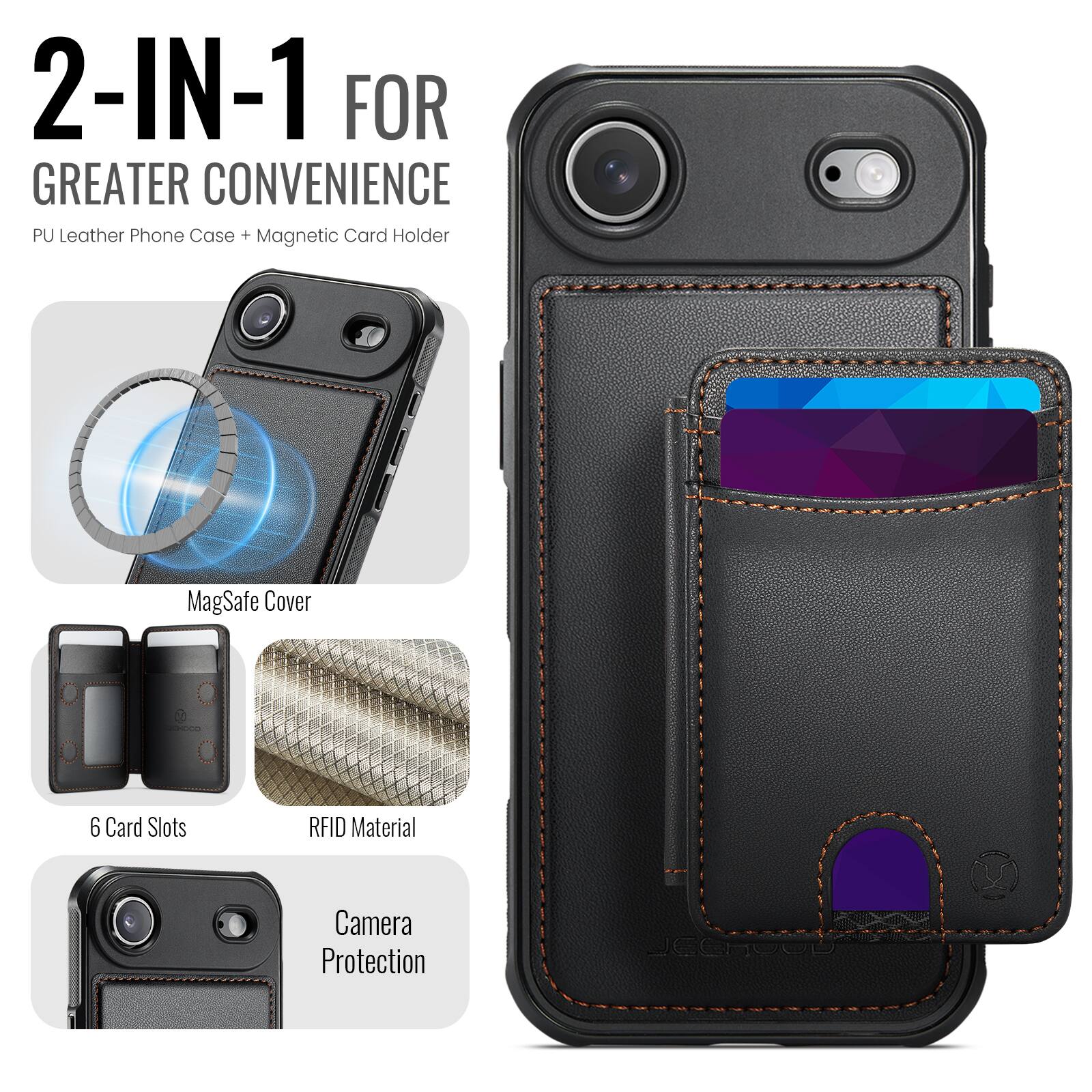 2-IN-1 FOR GREATER CONVENIENCE  
PU Leather Phone Case + Magnetic Card Holder  
MagSafe Cover  
6 Card Slots  
RFID Material  
Camera Protection