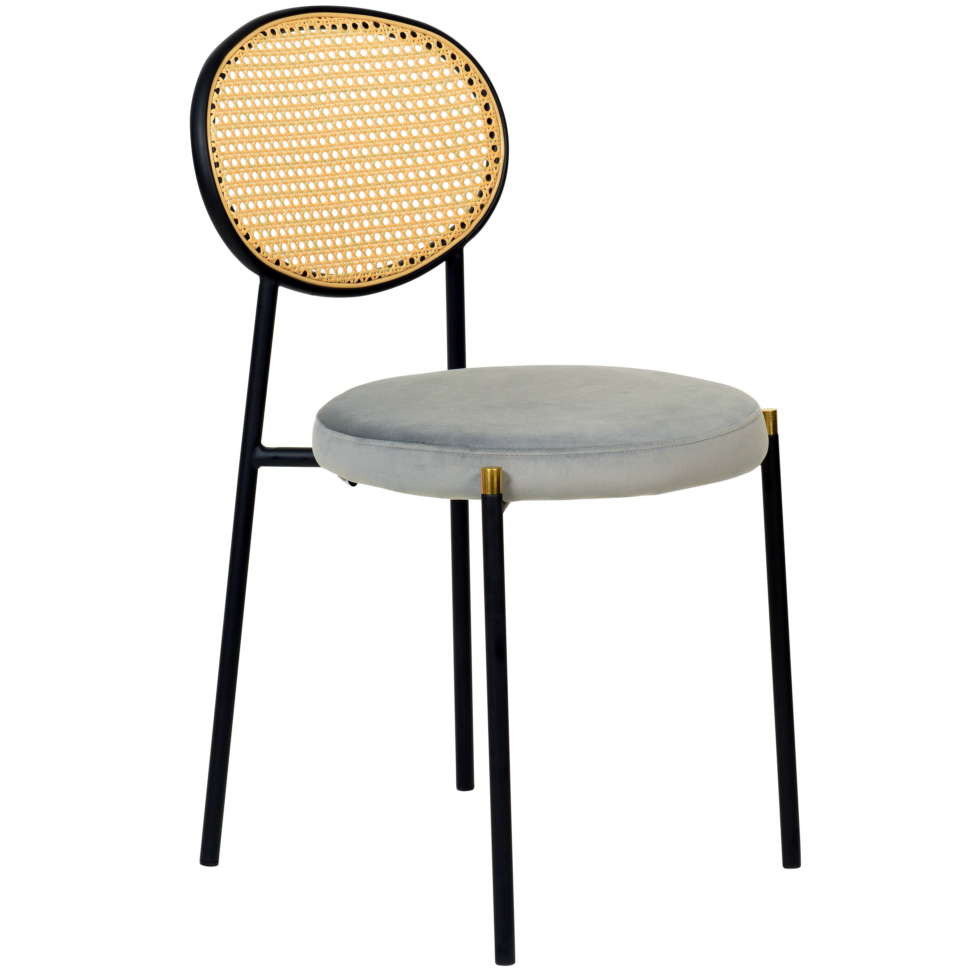 Alt View 3. LeisureMod - Euston 2-PCS Boho Wicker Back Dining Chair, Luxury Velvet Leather Kitchen Side Chair with Powder-Coated Steel - Grey.