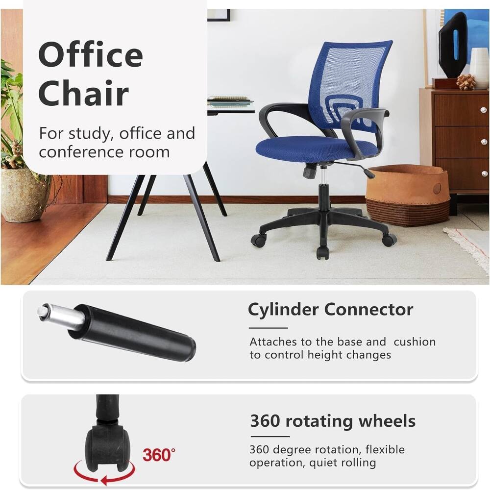 Office Chair For study, office and conference room

Cylinder Connector
Attaches to the base and cushion to control height changes

360 rotating wheels
360 degree rotation, flexible operation, quiet rolling