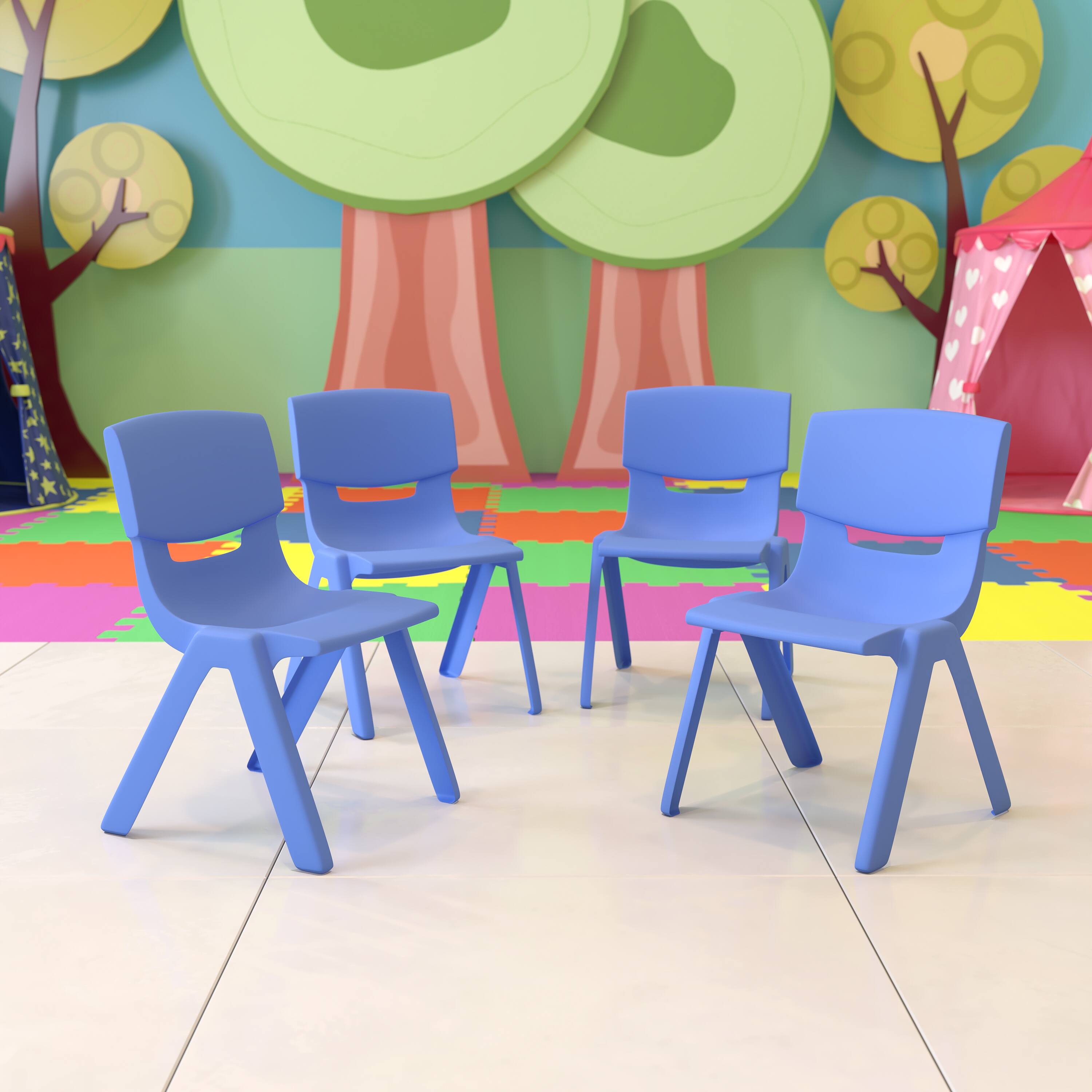 Alt View 2. Emma + Oliver - 4 Pack Plastic Stack School Chair with 12" Seat Height - Kids Chair - Blue.