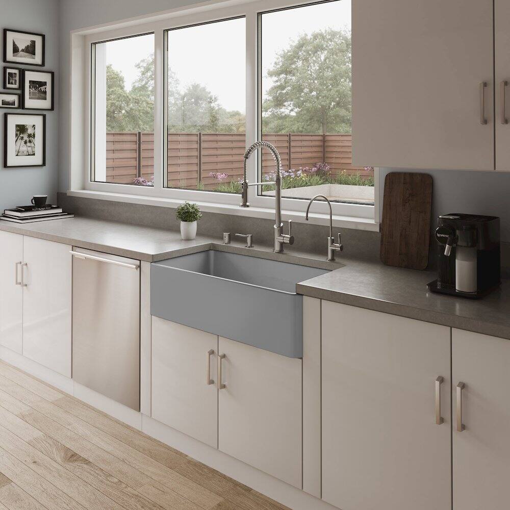 Back. Alfi - Gray Matte Smooth Apron 36" x 18" Single Bowl Fireclay Farm Sink - Gray.