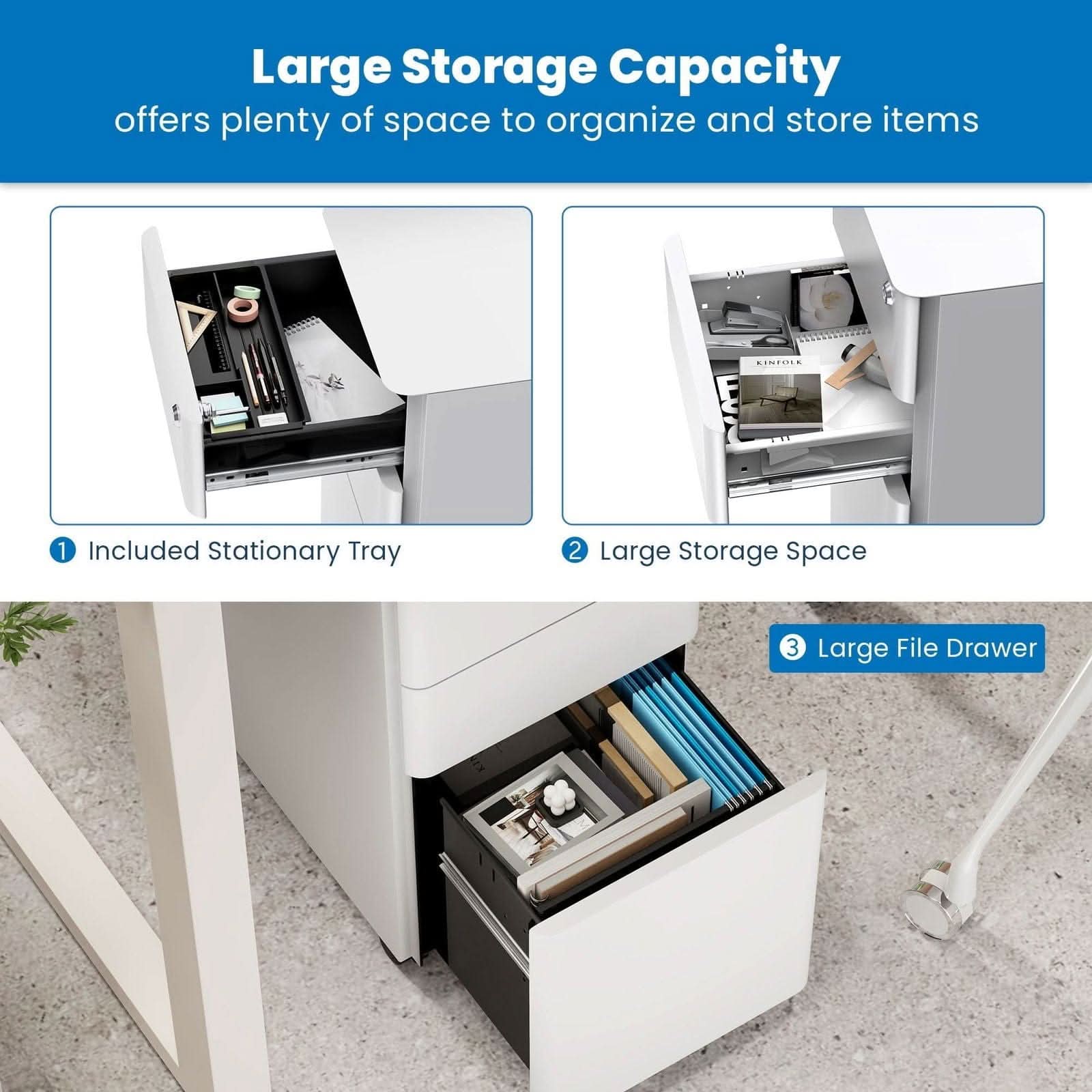 Large Storage Capacity offers plenty of space to organize and store items

1. Included Stationary Tray
2. Large Storage Space
3. Large File Drawer