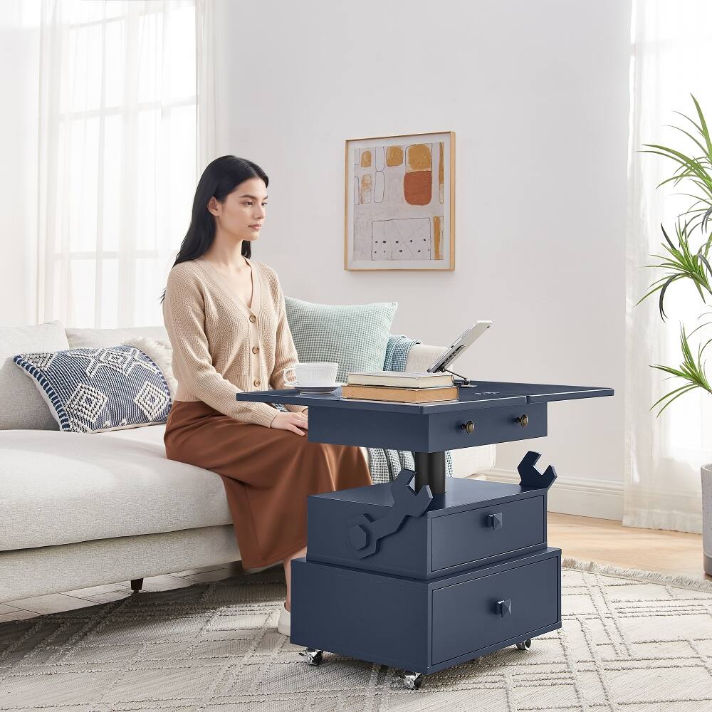 Alt View 2. Loheer - Adjustable Height End Table with Charging Station, Rolling Side Table with Lift Top, Storage Drawers, White High-Gloss - White.