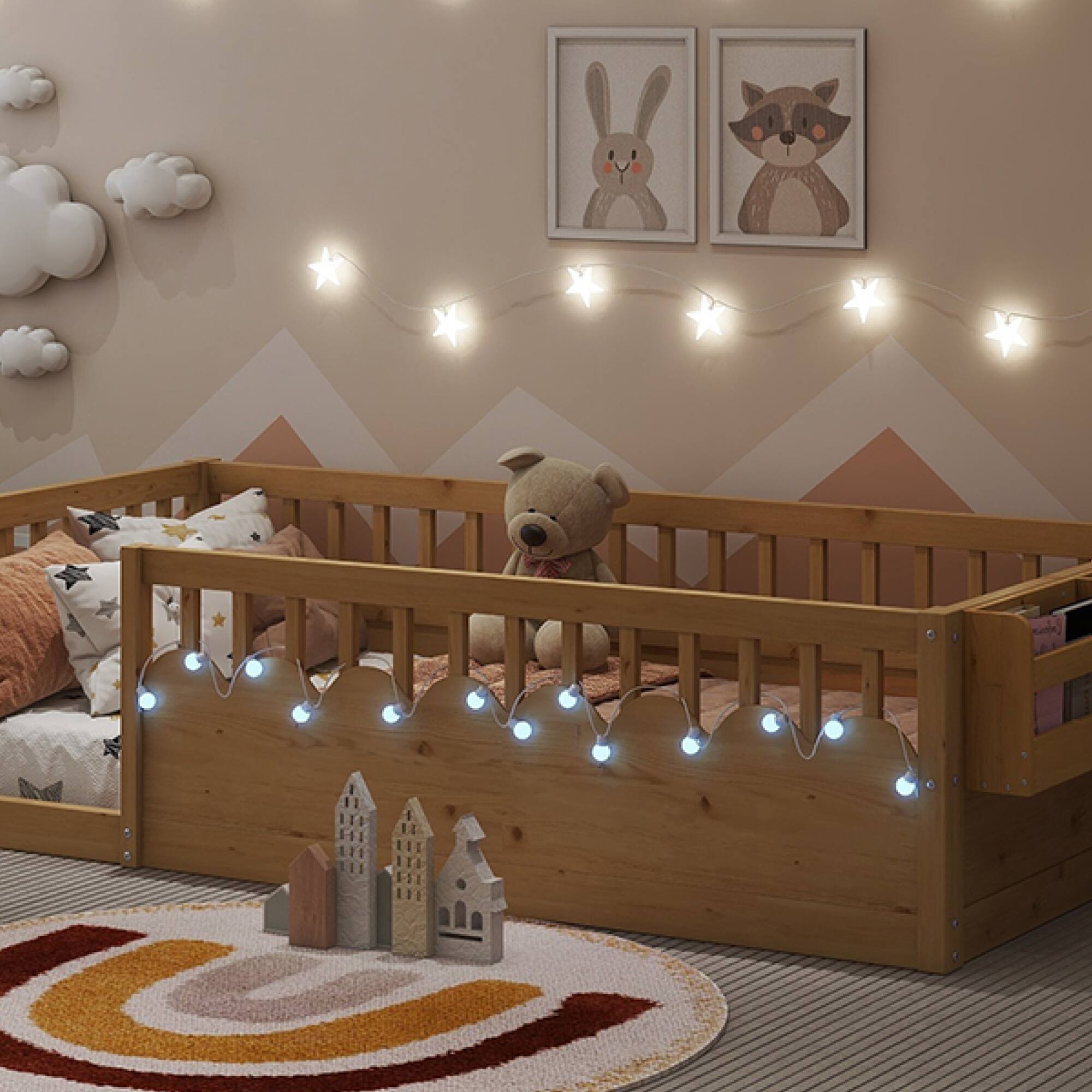 Alt View 9. GOODSILO - Twin Montessori Low Profile Floor Bed Frame with Safety Rails, LED Lighting and Storage Shelf for Children's Bedroom - Natural.