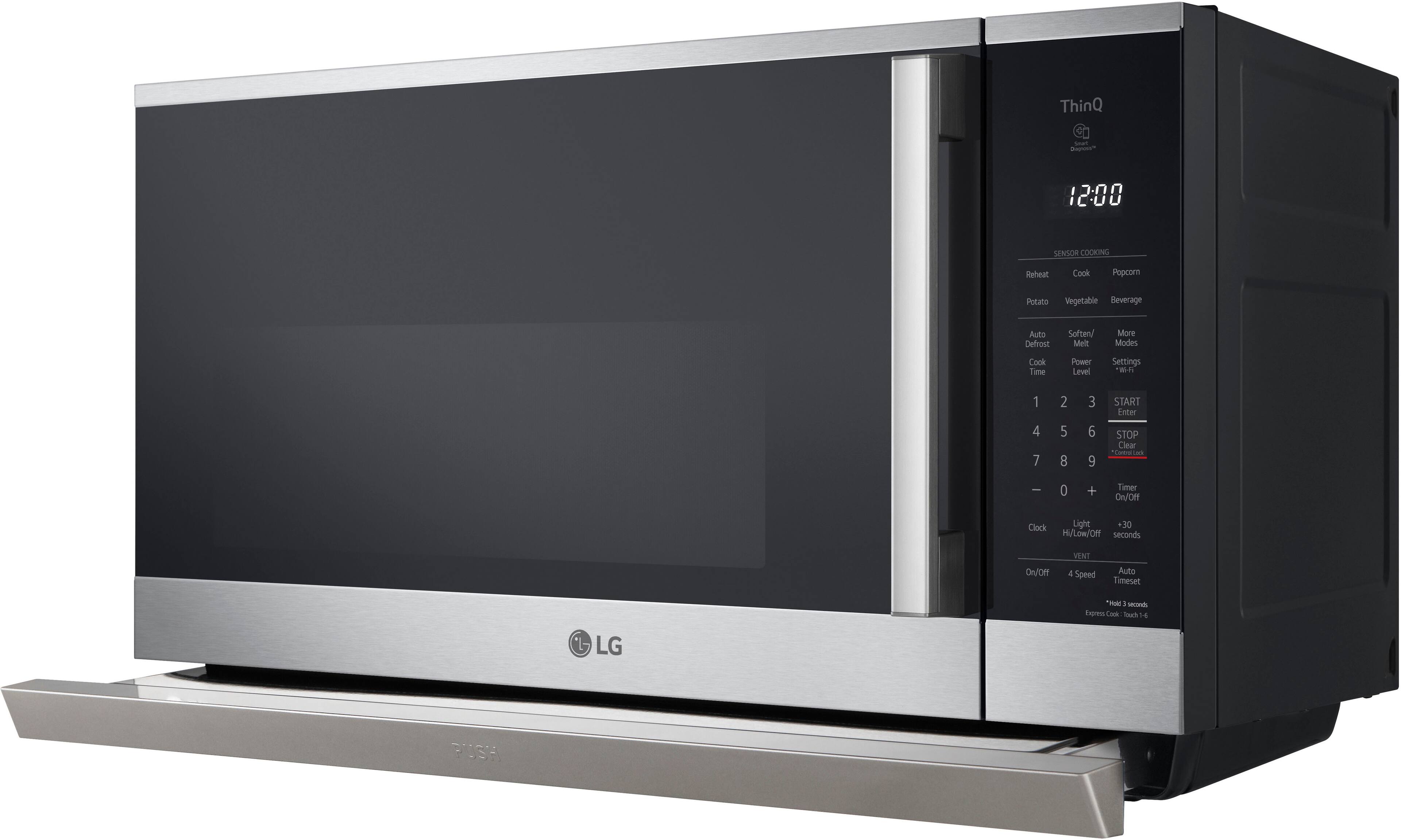 The text on the image reads: "ThinQ Smart Sensor Cooking Reheat Cook Popcorn Potato Vegetable Beverage Auto Defrost Soften/Melt More Modes Cook Time Power Level Settings W 1 4 7 2 5 8 3 6 9 START Enter STOP Clear at 0 + Timer On/Off Clock Light +30 Ha Low/Off seconds YENT On/On 4 Speed Auto Timeset "Has 1 Second Express Cook Batch 16 LG PUSA."