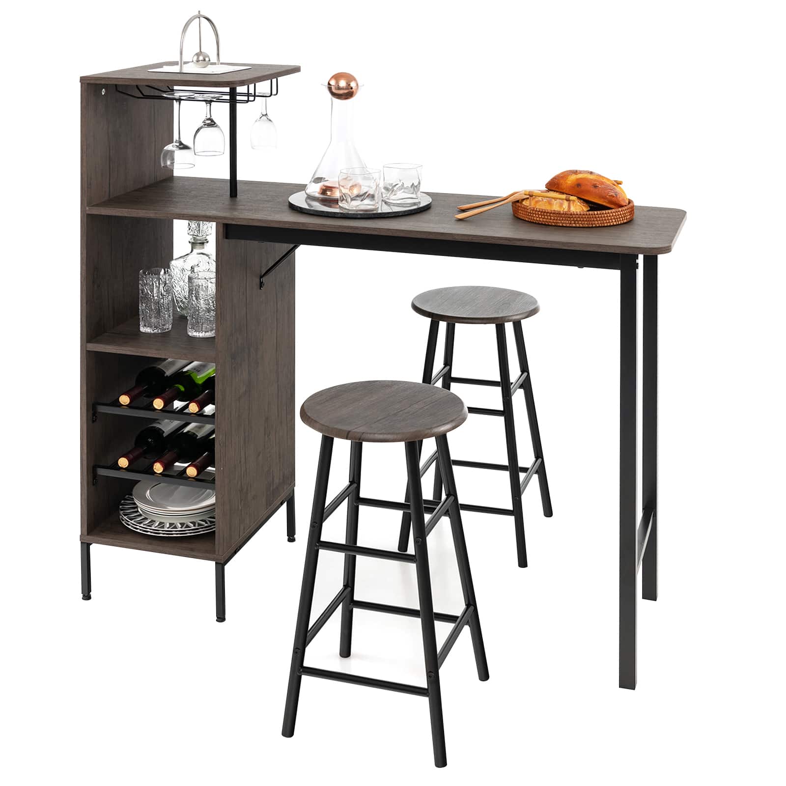 Ecooso - 3 Piece Bar Table and Chairs Set with 6 Bottle Wine Rack for Home Kitchen Bar - Brown