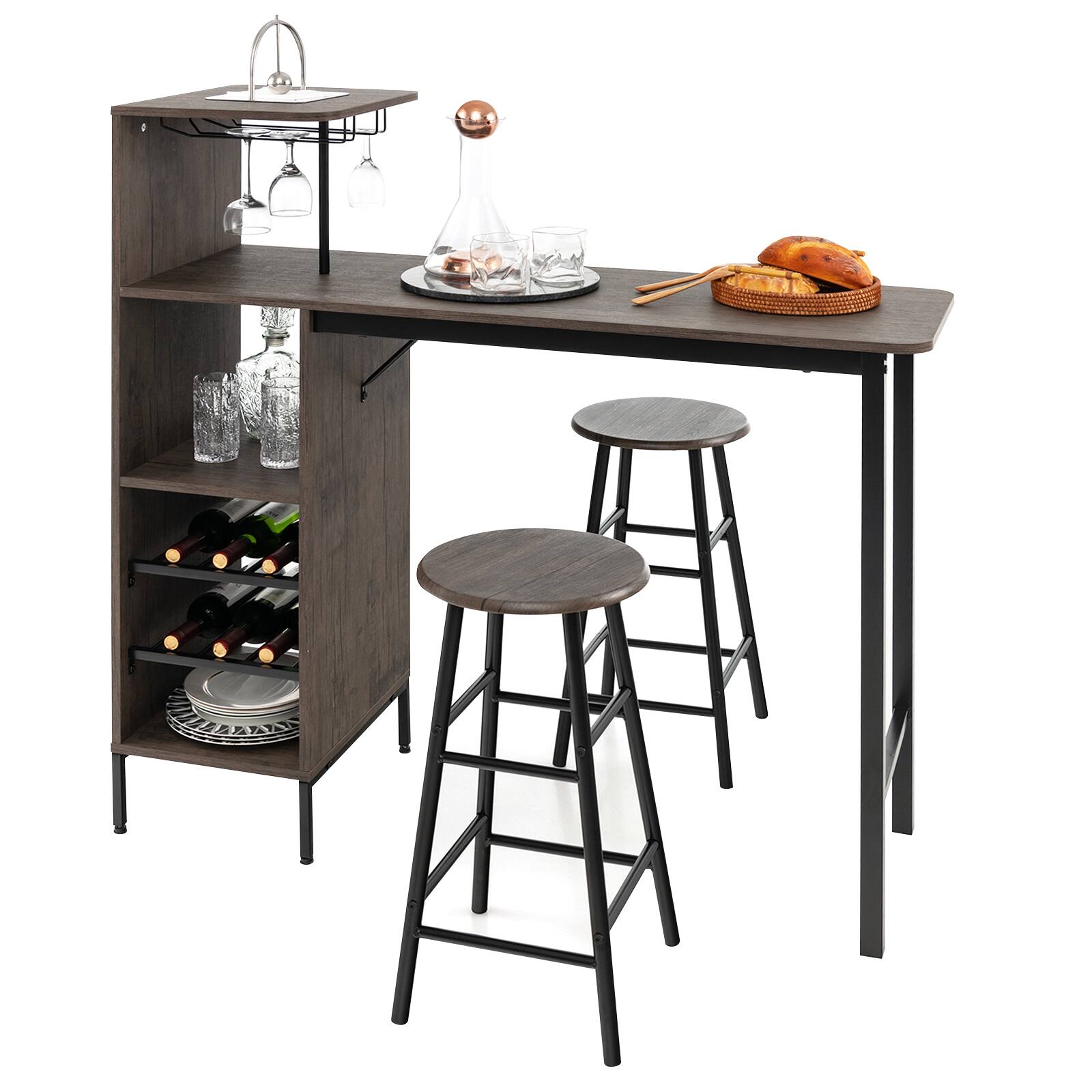 Ecooso - 3 Piece Bar Table and Chairs Set with 6 Bottle Wine Rack for Home Kitchen Bar - Brown