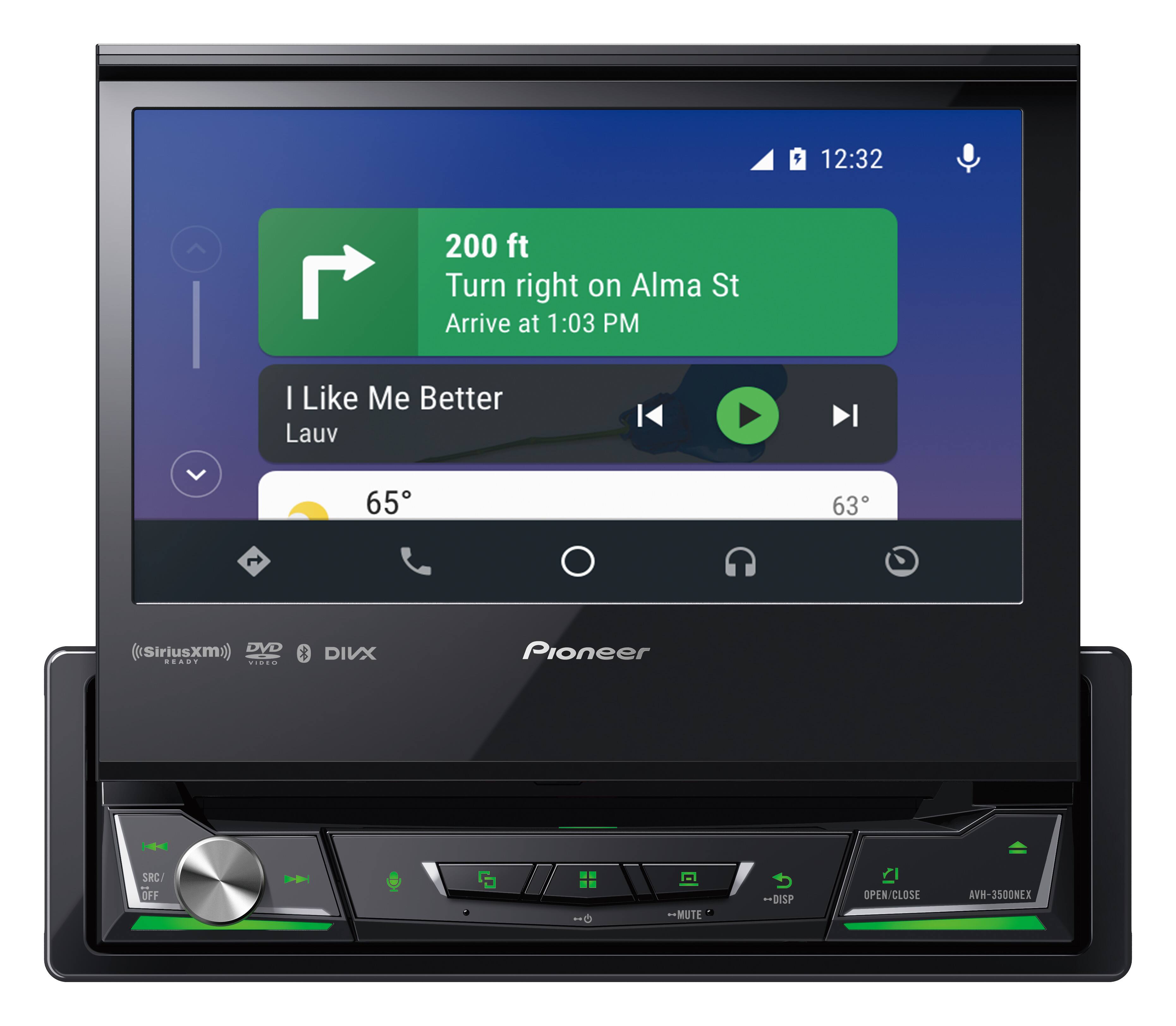 12:32  
200 ft  
Turn right on Alma St  
Arrive at 1:03 PM  

I Like Me Better  
Lauv  

65°  
63°  

SiriusXM  
DVD  
DIVX  

Pioneer  
AVH-3500NEX  

MUTE  
DISP  
OPEN/CLOSE