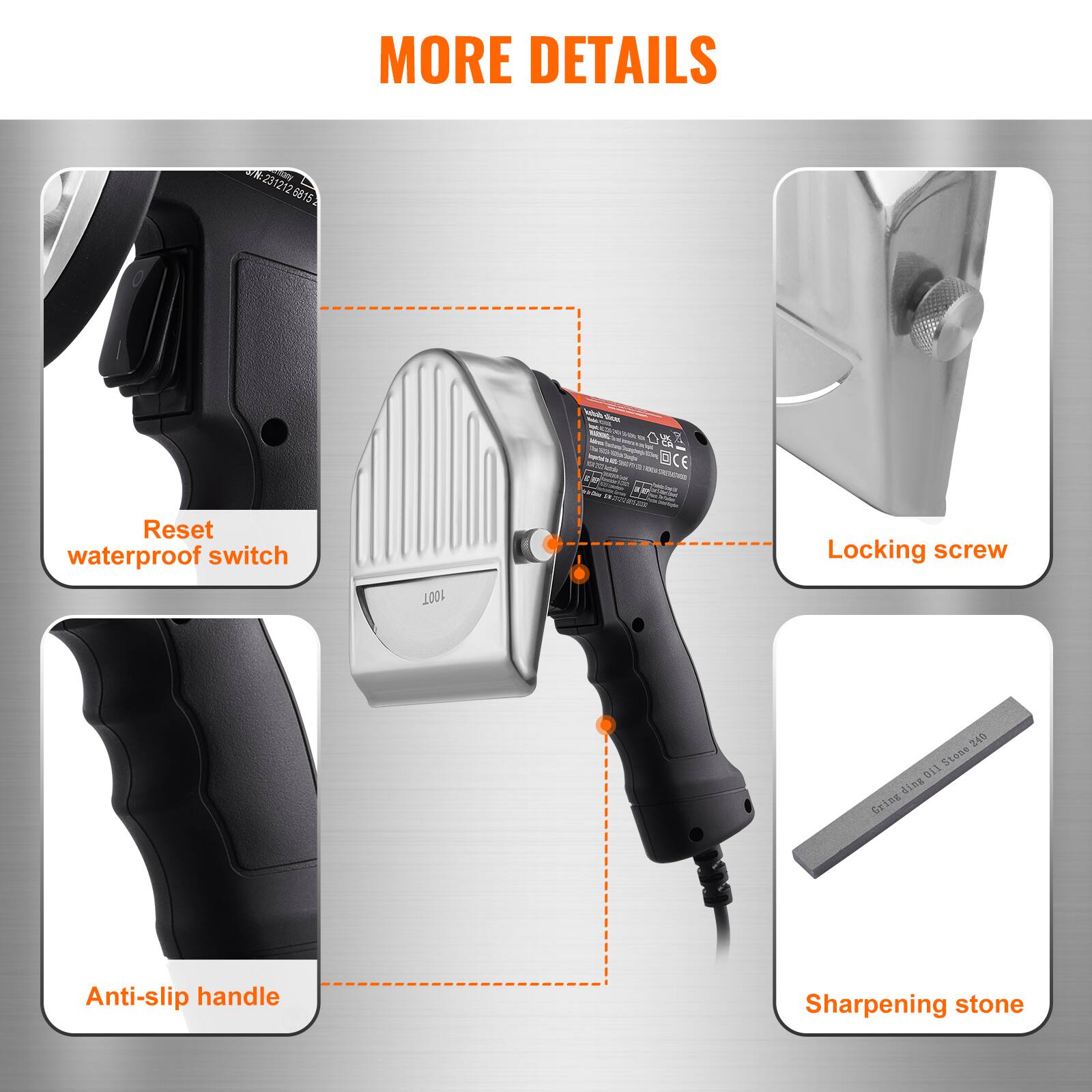 MORE DETAILS

- Reset waterproof switch
- Locking screw
- Anti-slip handle
- Sharpening stone