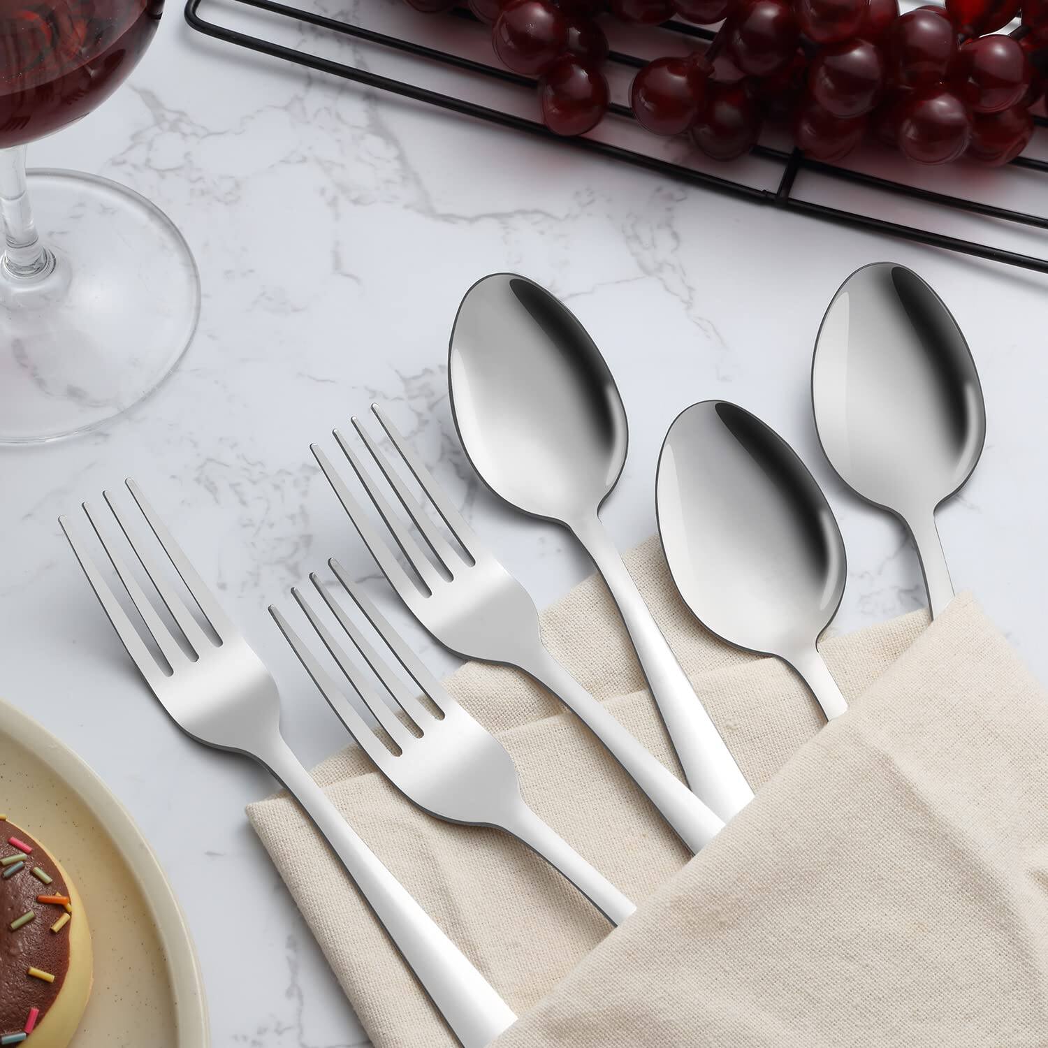 Left. Dazzed Corner - 24-piece Forks and Spoons Silverware Set,  Food Grade Stainless Steel Flatware Cutlery Set - Silver.