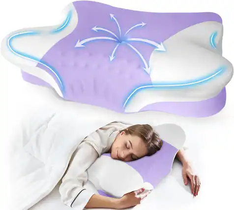 Front. FINEAK - Ergonomic Memory Foam Neck Pillow for Pain Relief & Support - Purple.