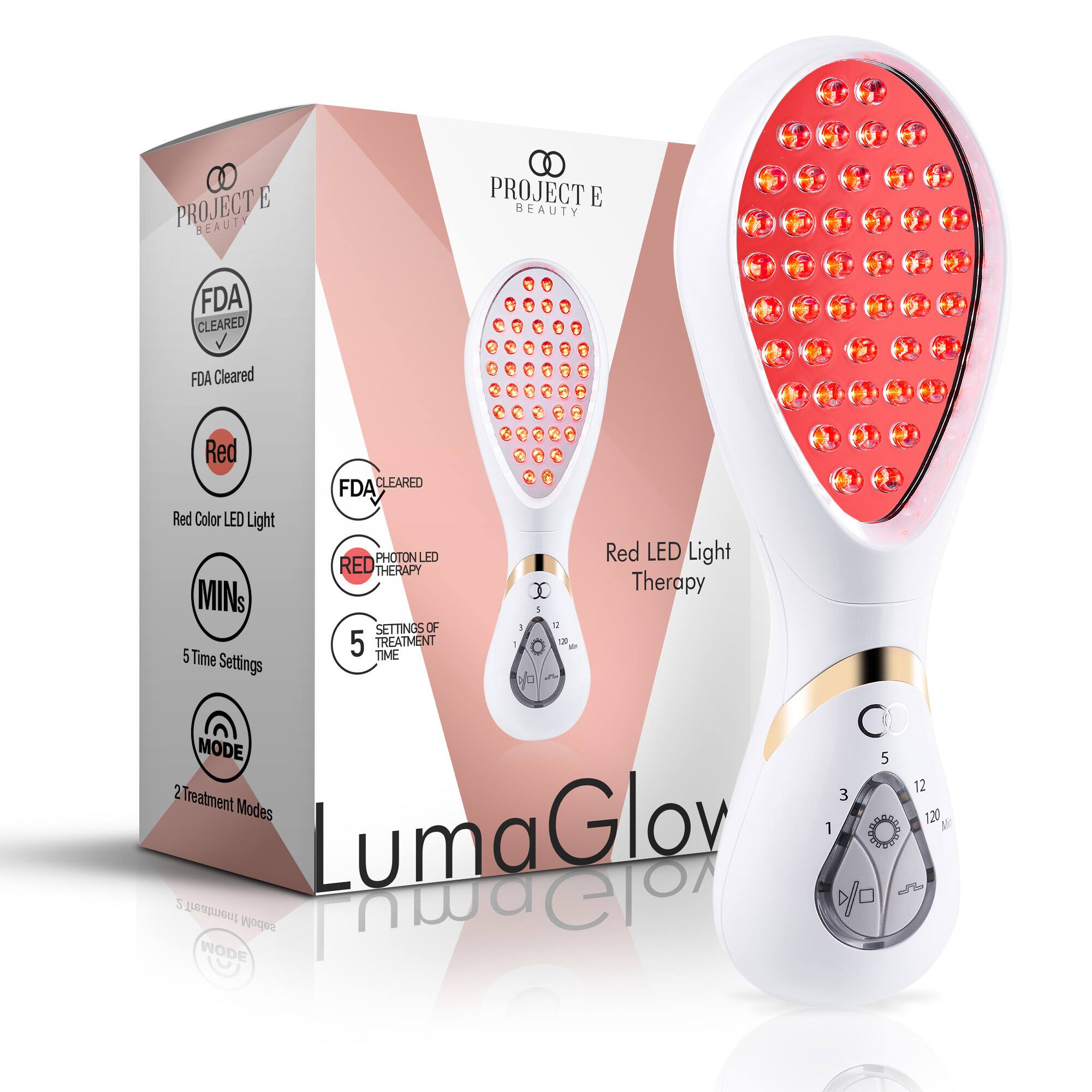 PROJECT E BEAUTY FDA CLEARED  
FDA Cleared  
PROJECT E BEAUTY  
Red CLEARED FDA Red Color LED Light  
PHOTON LED Red LED Light RED THERAPY Therapy  
MINS I OF I U SETTINGS 5 TREATMENT 1 g 5 Time TIME Settings  
A CO MODE 5 12 2Treatment 3 Modes 120  
LumaGlov 1 2 Treatment Modes LumaGlos  
MODE