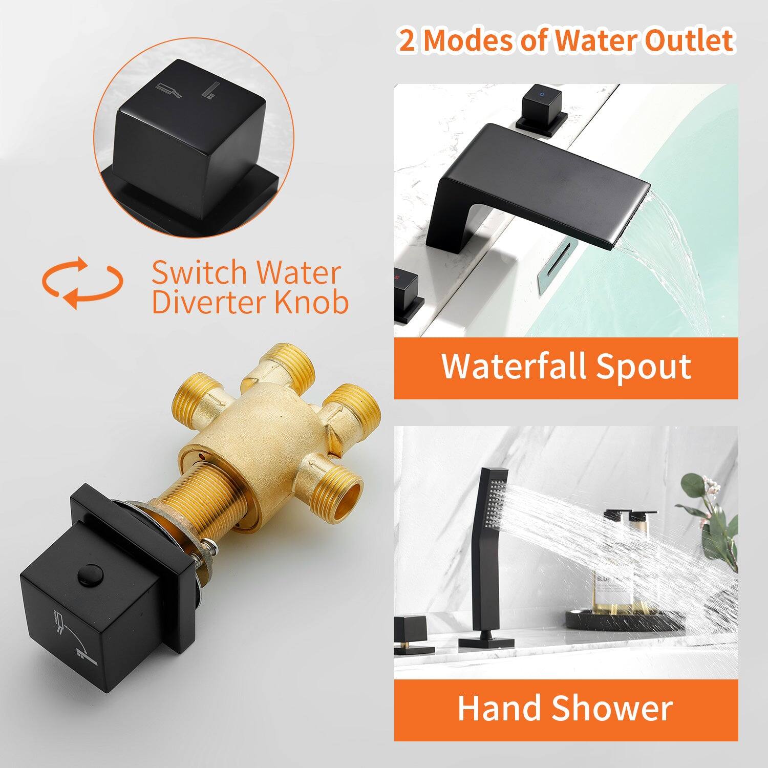 2 Modes of Water Outlet

Switch Water Diverter Knob

Waterfall Spout

Hand Shower