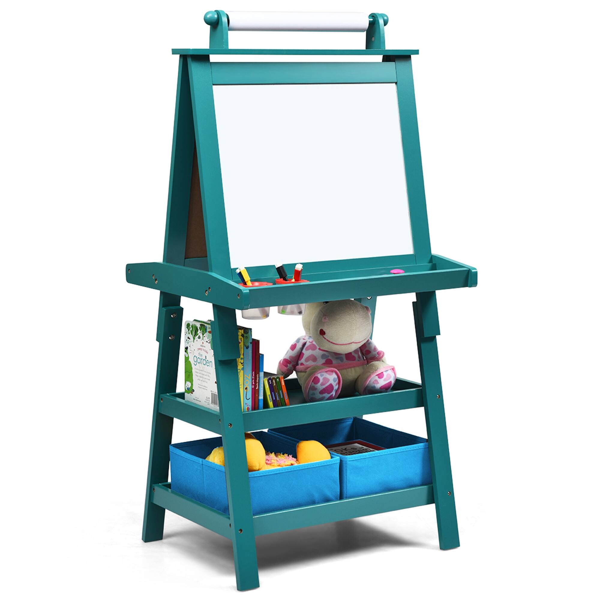 Front. Costway - 3 in 1 Double-Sided Wooden Kid's Art Easel Whiteboard Blue - Blue.