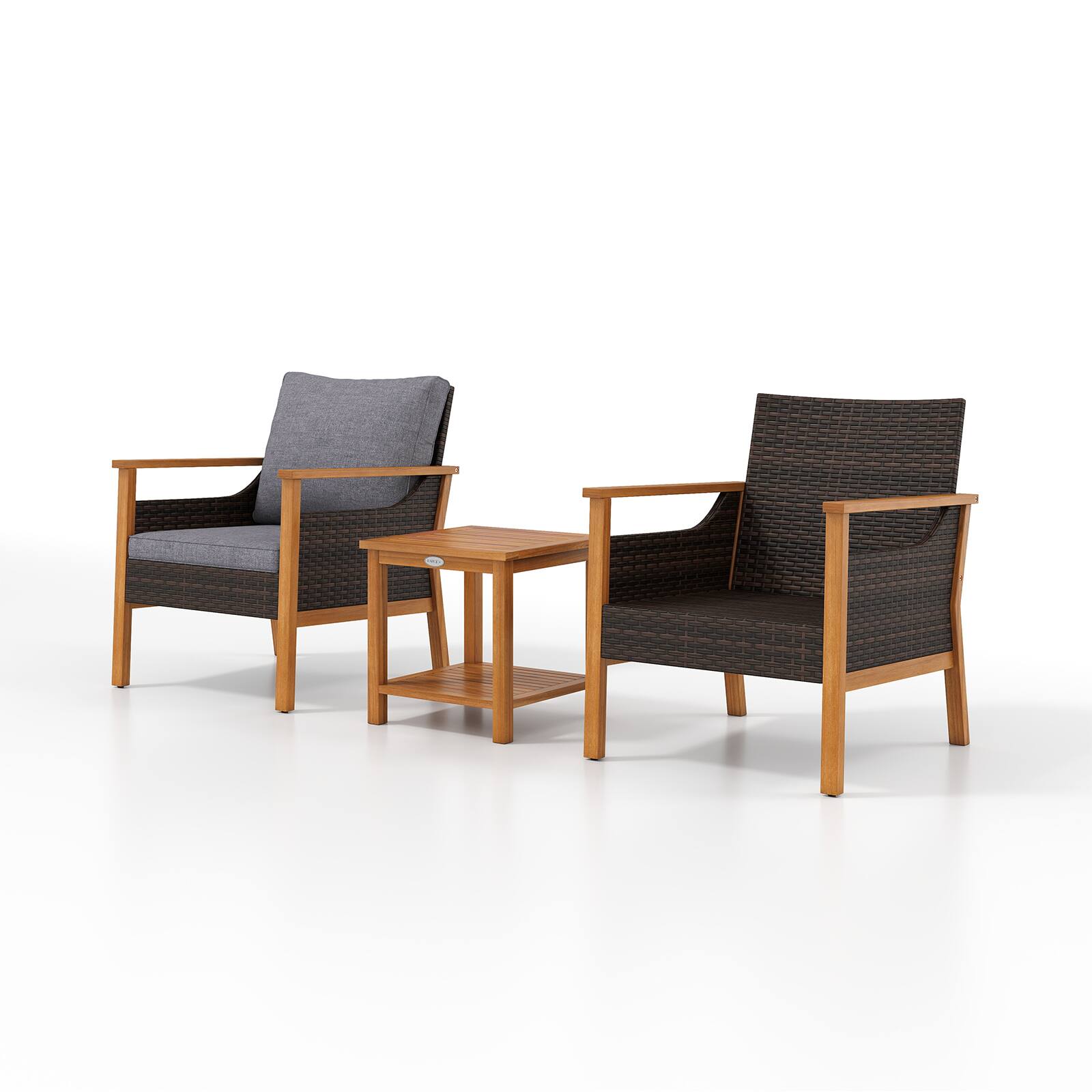 Alt View 9. Gymax - Gymax 3 Piece Patio Furniture Set PE Rattan Chairs w/ 2-Tier Coffee Table & Cushions Mix Brown & Grey - Brown.