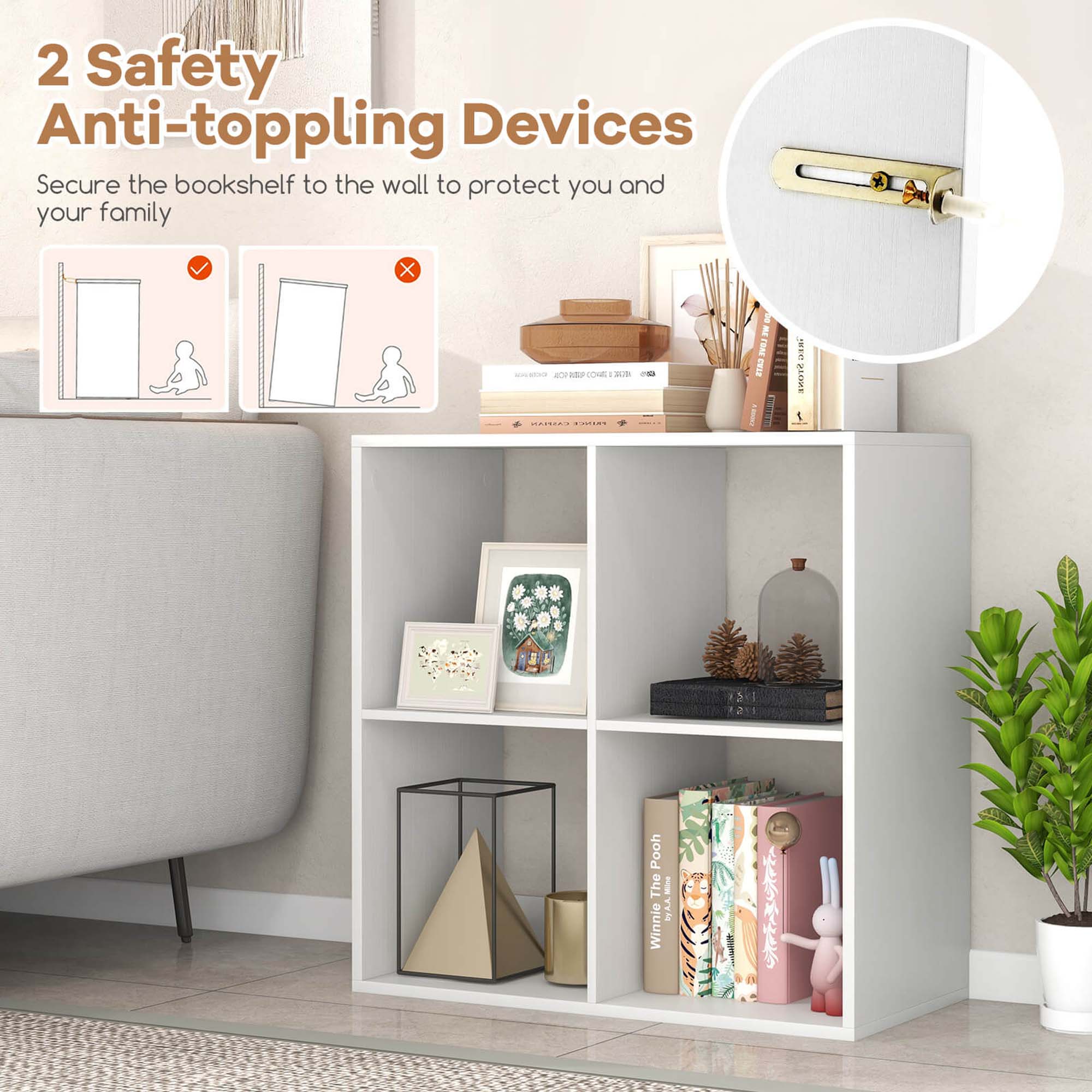 2 Safety Anti-toppling Devices Secure the bookshelf to the wall to protect you and your family.