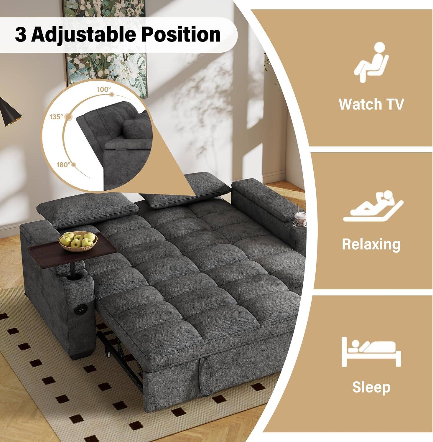 3 Adjustable Position

135°
100°
180°

Watch TV
Relaxing
Sleep
