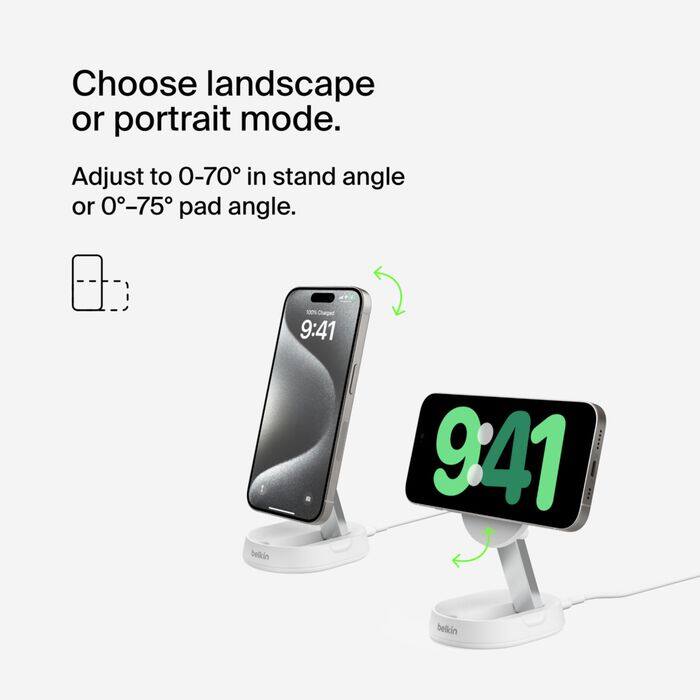 Choose landscape or portrait mode.  
Adjust to 0-70° in stand angle or 0-75° pad angle.  
belkin  
9:41  
9:41  
belkin