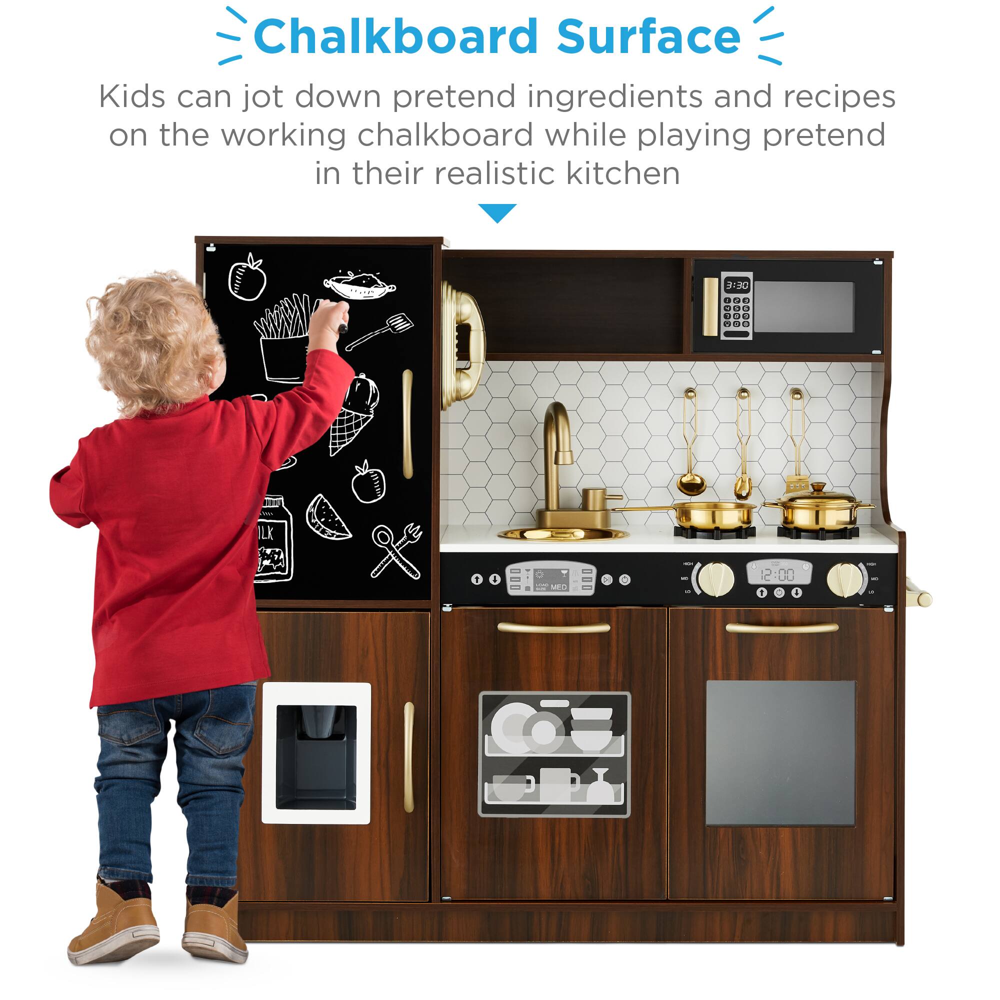 Chalkboard Surface

Kids can jot down pretend ingredients and recipes on the working chalkboard while playing pretend in their realistic kitchen.