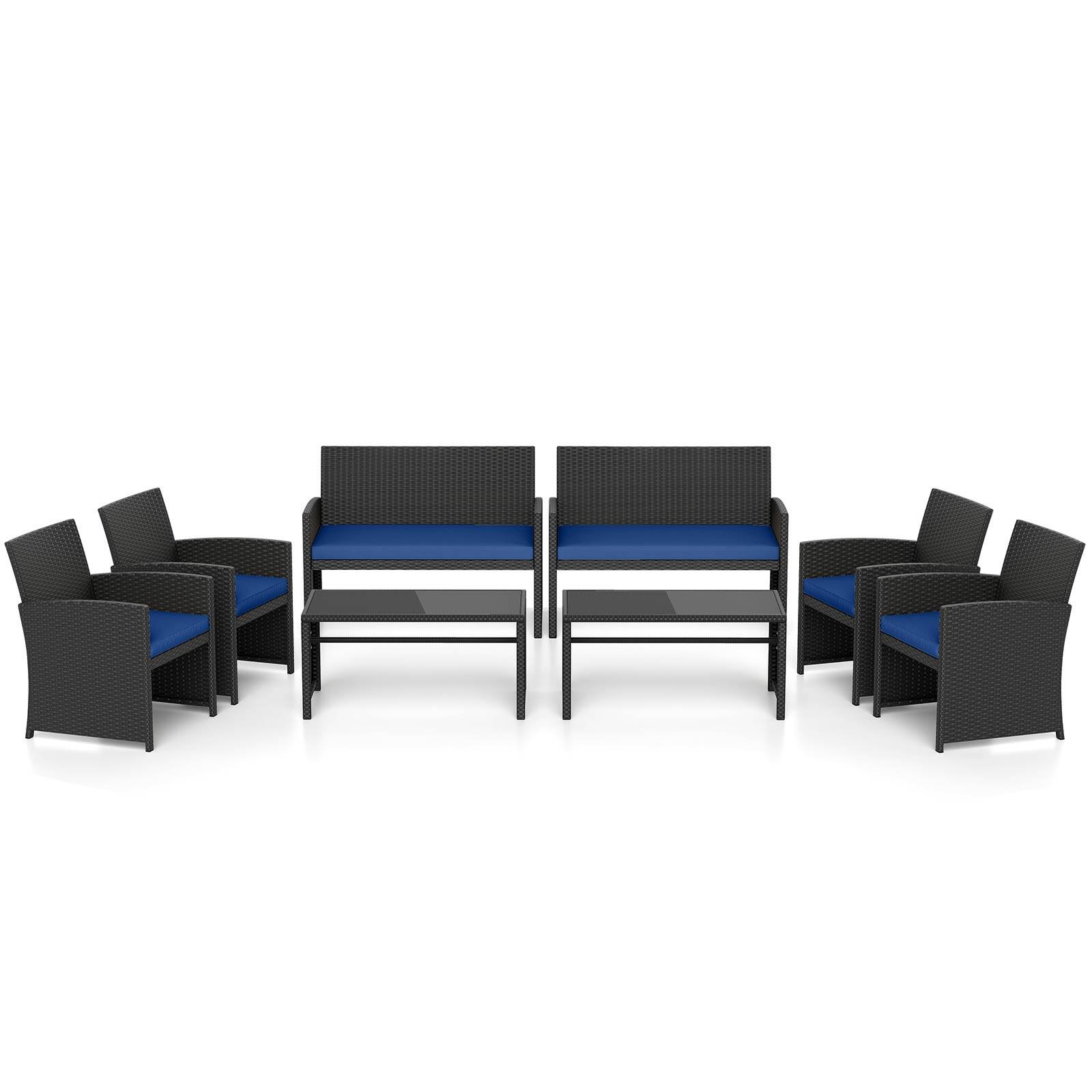 Alt View 9. Gymax - Gymax Set of 8 Patio Conversation Set w/Seat Cushions & Tempered Glass Tabletop Porch Outdoor Navy - Navy.