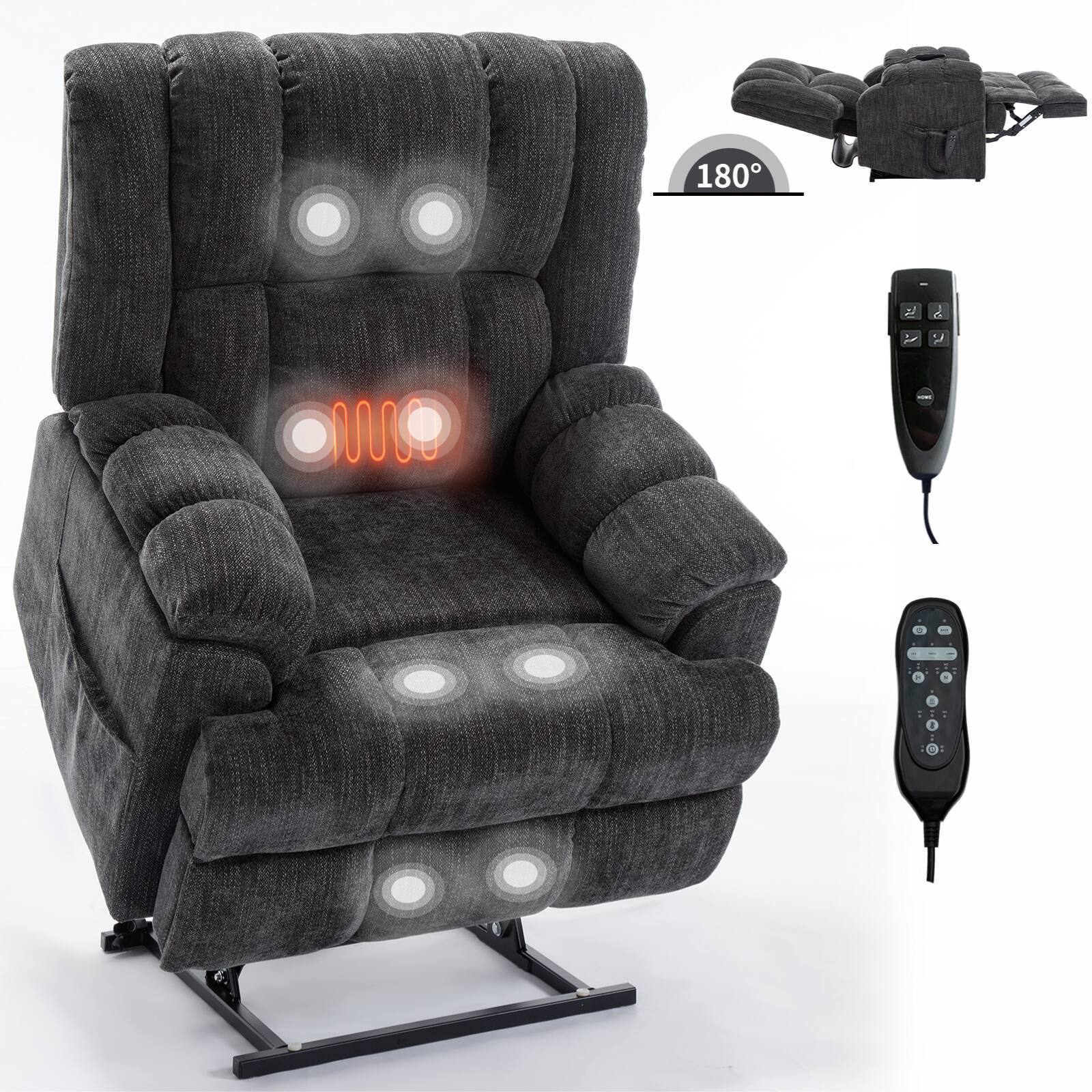 Back. GOODSILO - Electric Power Lift Recliner Chair with Dual Motor, Massage & Heat, Infinite Position, Heavy Duty, Up to 350 LBS - Grey.