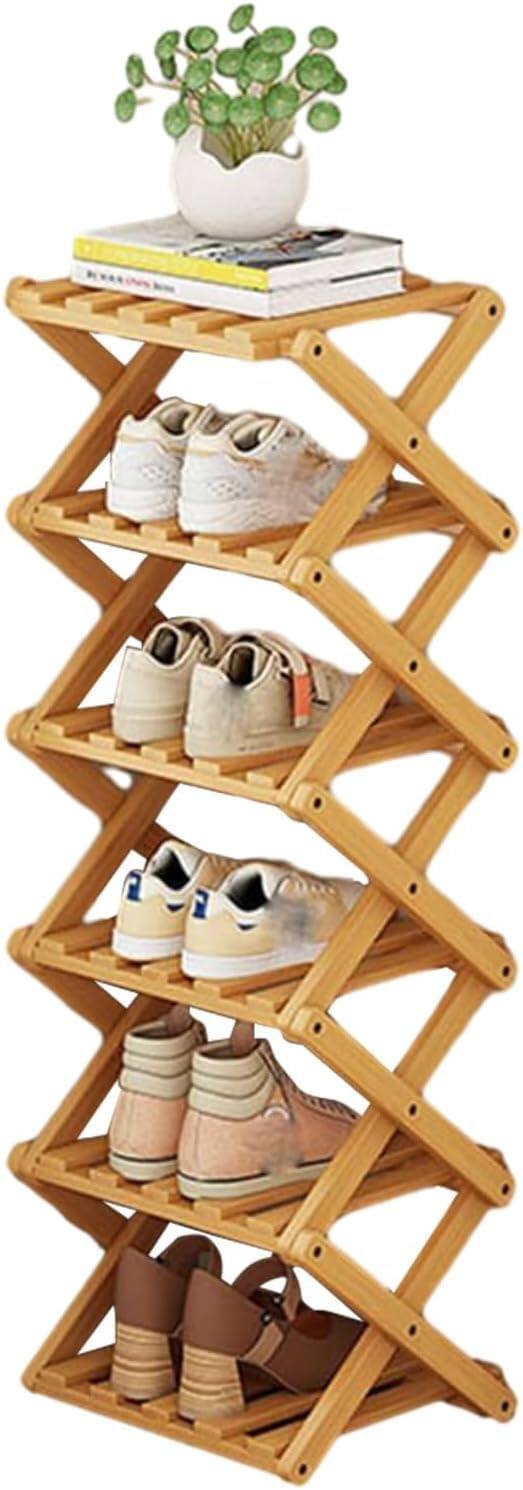 Hanke - Shoe Rack For Entryway Installation-free And Foldable Vertical Storage Organizer Free Standing Racks Shelf - Nature-6 Layers