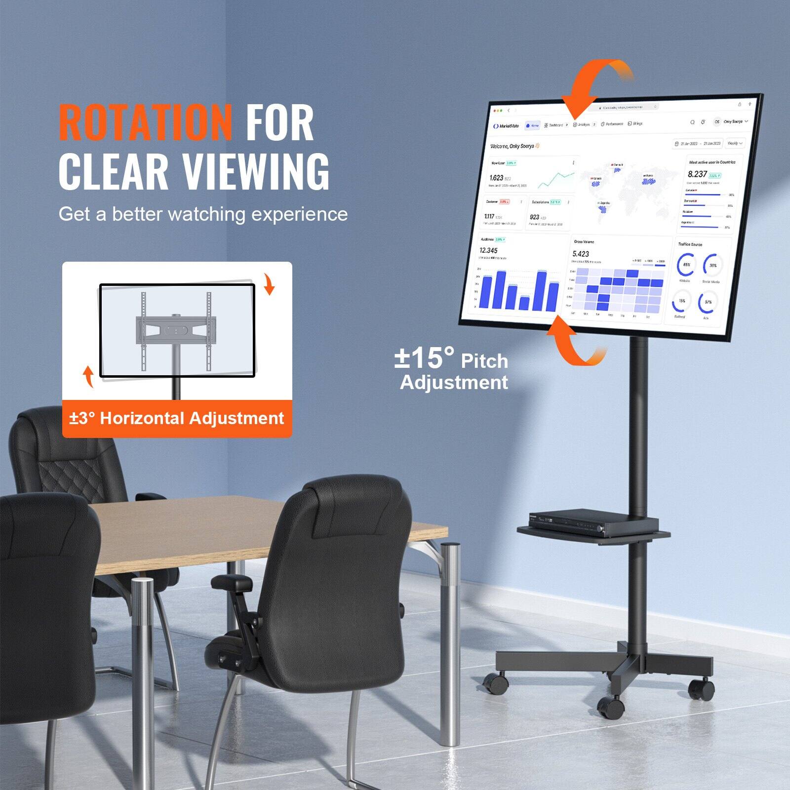 **ROTATION FOR CLEAR VIEWING**  
Get a better watching experience

- **±15° Pitch Adjustment**
- **±3° Horizontal Adjustment**