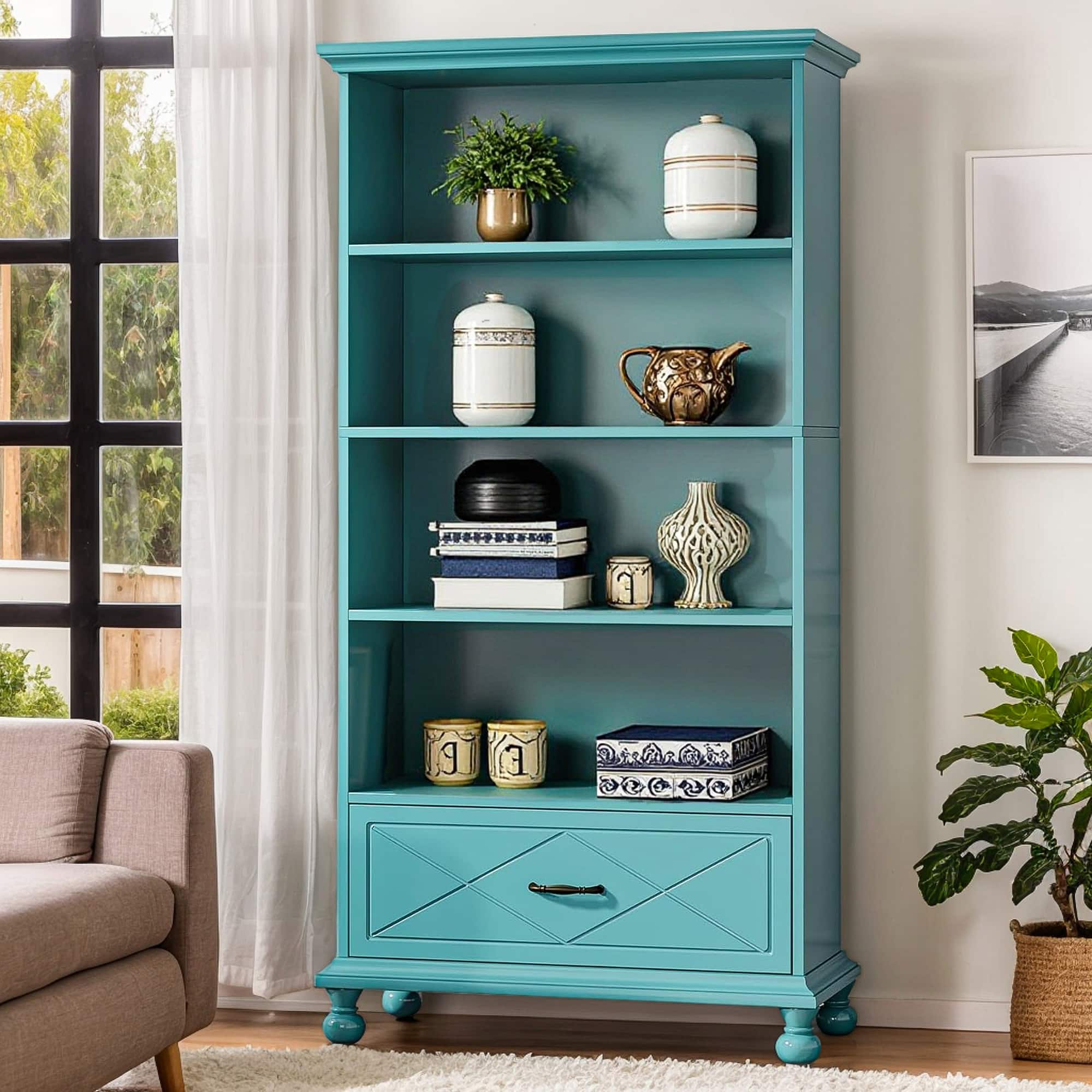 Kadyn - Bookshelf, Storage Shelf, Bookcase,6-Shelf Bookcase with Drawer, 71" Bookshelf with Solid Wood Legs - Ocean Blue