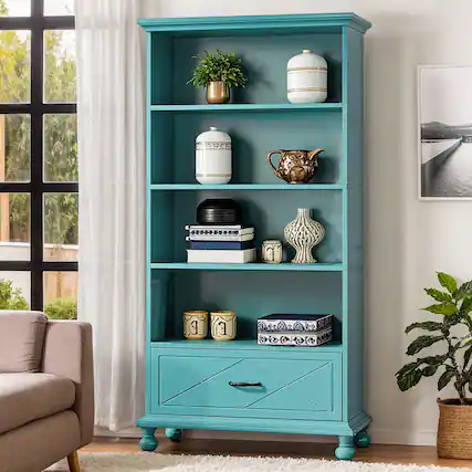 Front. Kadyn - Kadyn Bookshelf, Storage Shelf, Bookcase,6-Shelf Bookcase with Drawer, 71" Bookshelf with Solid Wood Legs,Ocean Blue - Ocean Blue.