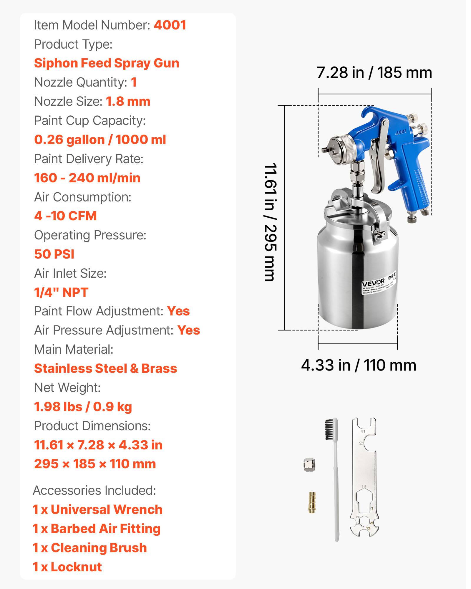 Item Model Number: 4001  
Product Type: Siphon Feed Spray Gun Nozzle  
Nozzle Quantity: 1  
Nozzle Size: 1.8 mm  
Paint Cup Capacity: 0.26 gallon / 1000 ml  
Paint Delivery Rate: 160 - 240 ml/min  
Air Consumption: 4 - 10 CFM  
Operating Pressure: 50 PSI  
Air Inlet Size: 1/4" NPT  
Paint Flow Adjustment: Yes  
Air Pressure Adjustment: Yes  
Main Material: Stainless Steel & Brass  
Net Weight: 1.98 lbs / 0.9 kg  
Product Dimensions: 11.61 x 7.28 x 4.33 in / 295 x 185 x 110 mm  
Accessories Included:  
1 x Universal Wrench  
1 x Barbed Air Fitting  
1 x Cleaning Brush  
1 x Locknut