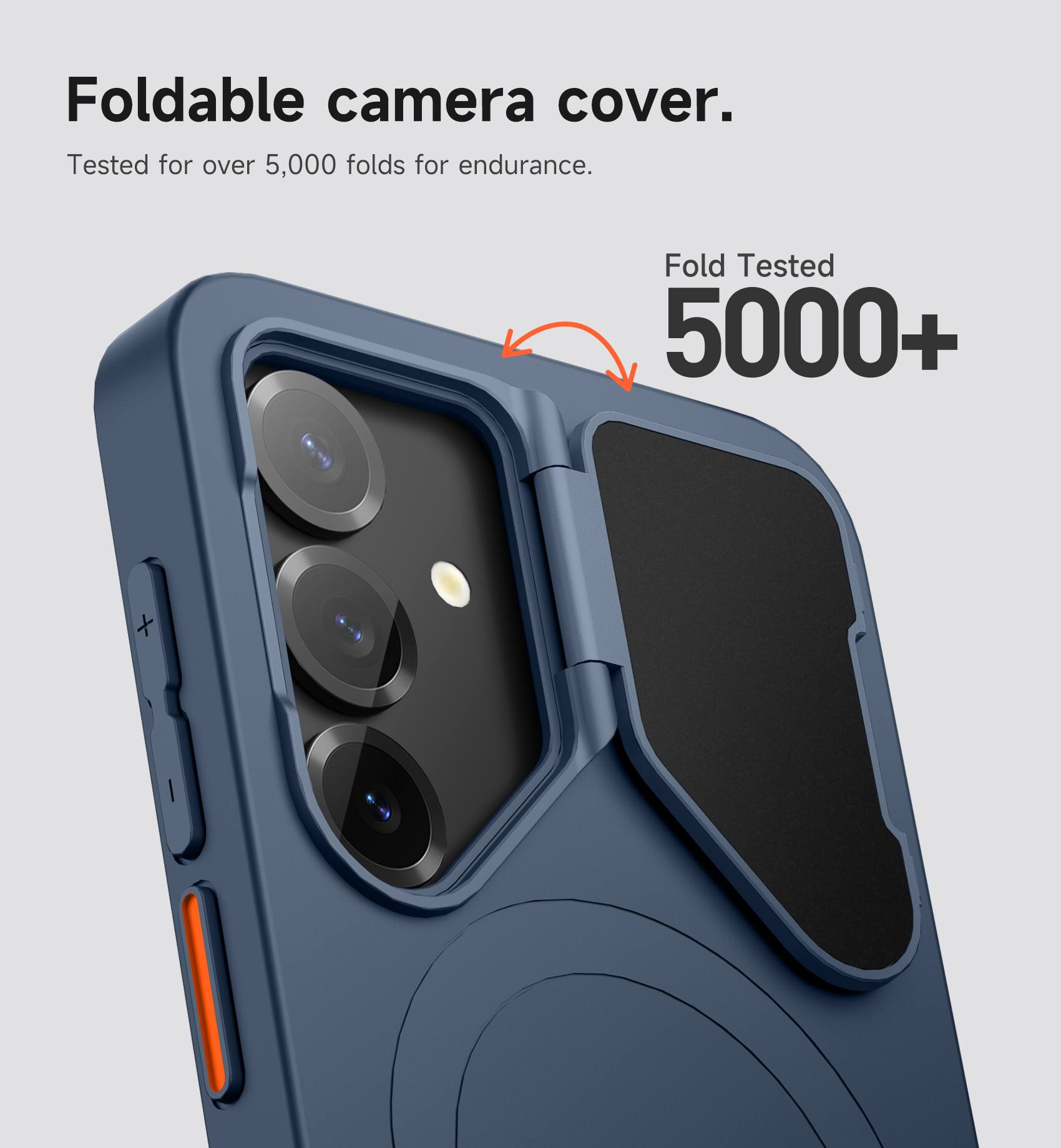 Foldable camera cover.  
Tested for over 5,000 folds for endurance.  
Fold Tested 5000+