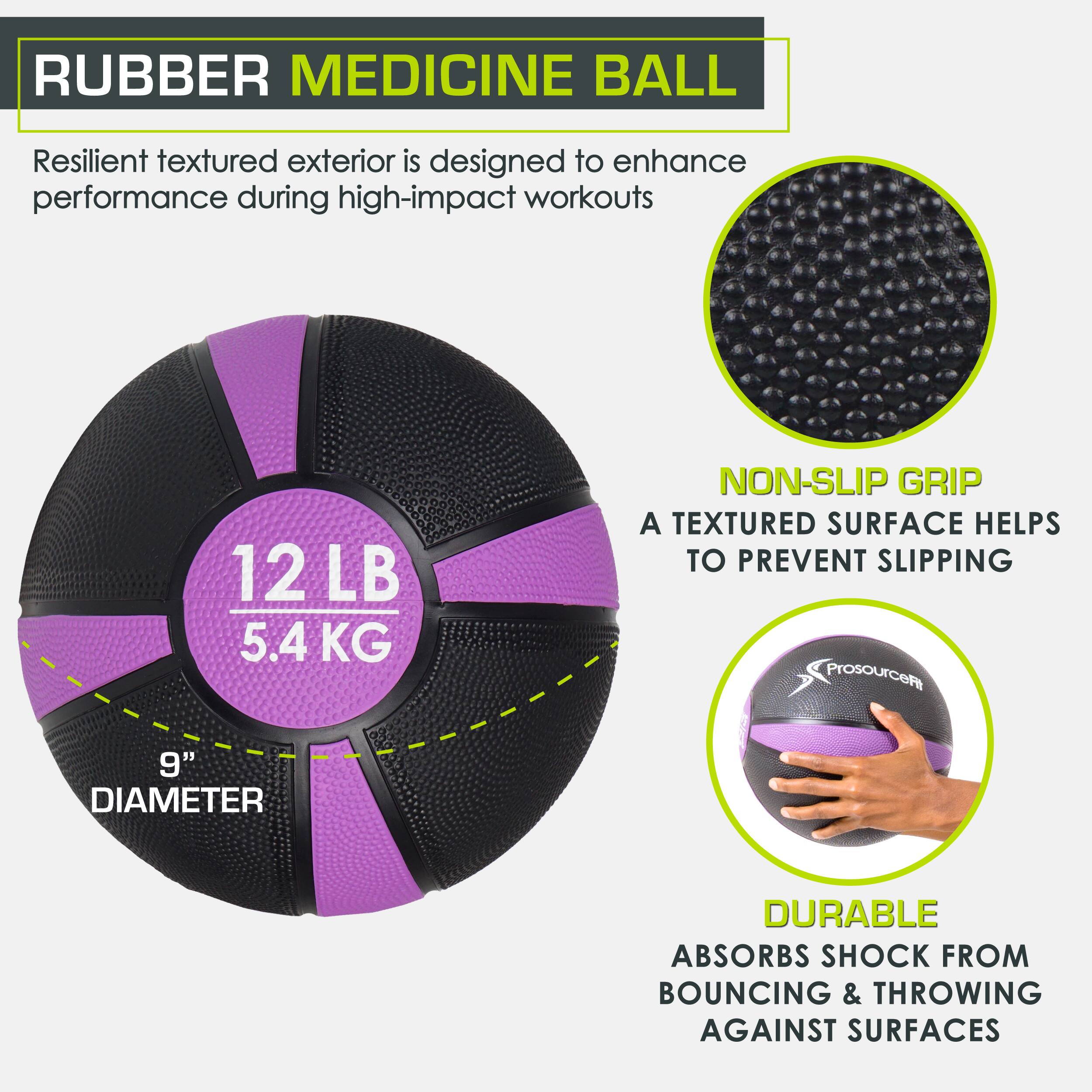 Rubber medicine ball, resilient textured exterior is designed to enhance performance during high-impact workouts, 12 LB 5.4 KG, non-slip grip, a textured surface helps to prevent slipping, durable, absorbs shock from bouncing & throwing against surfaces.