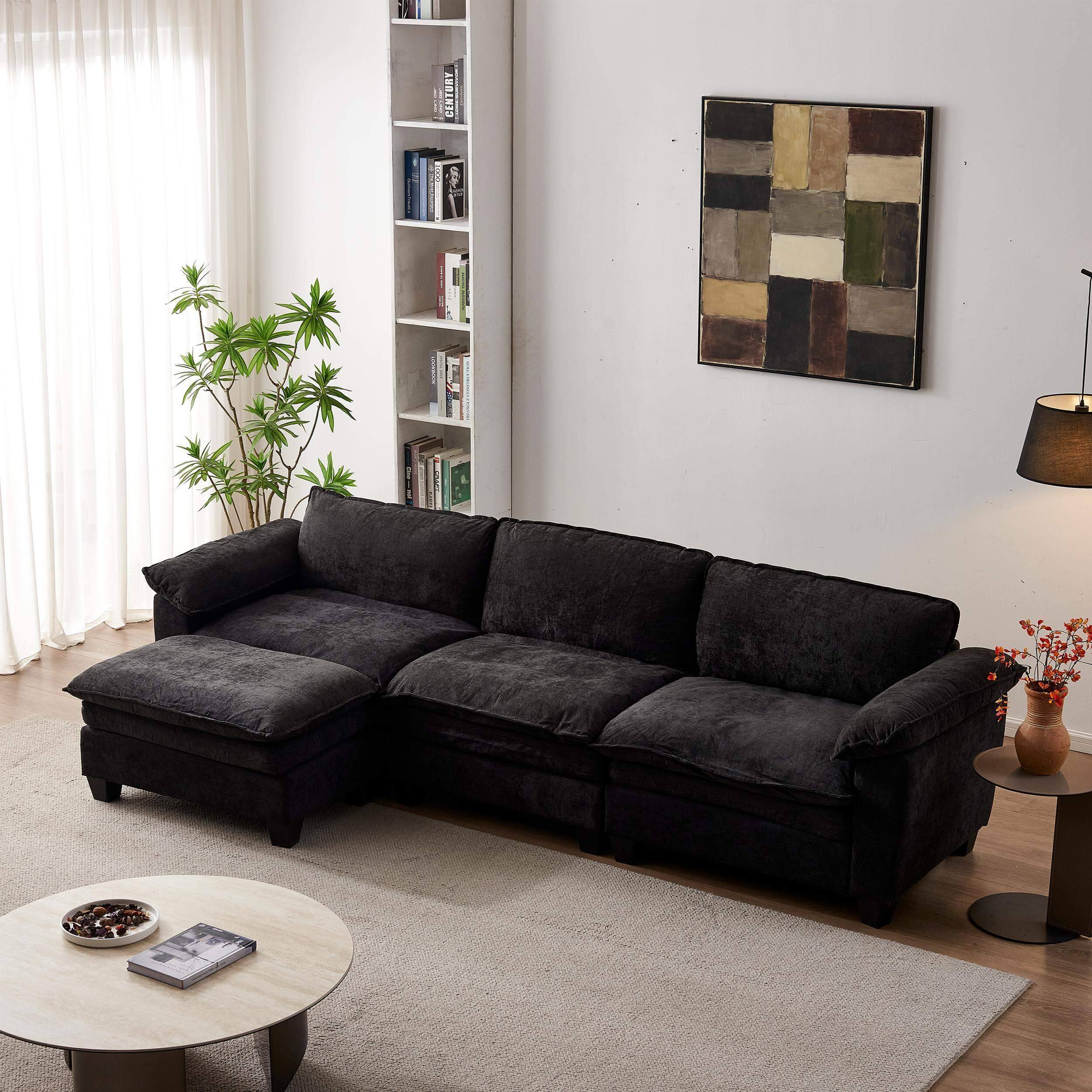 Angle. Roomtec - Living Room Furniture Sofa Luxury Couch with Ottoman Soft Chenille Upholstered L Shape Sofa Black - Black.