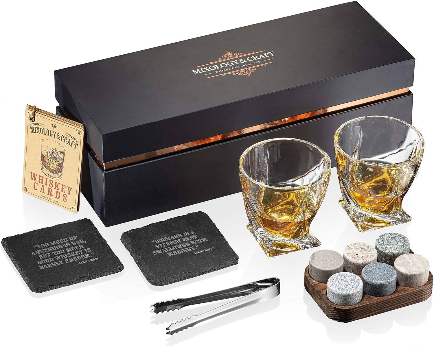 MIXOLOGY & CRAFT  
WHISKEY GLASS SET  

MIXOLOGY & CRAFT  
WHISKEY CARDS  

"TOO MUCH OF ANYTHING IS BAD, BUT WHISKEY IS GOOD BARELY ENOUGH."  
MARK TWAIN  

"COURAGE IS A VITAMIN BEST SWALLOWED WITH WHISKEY."  
2000 AD