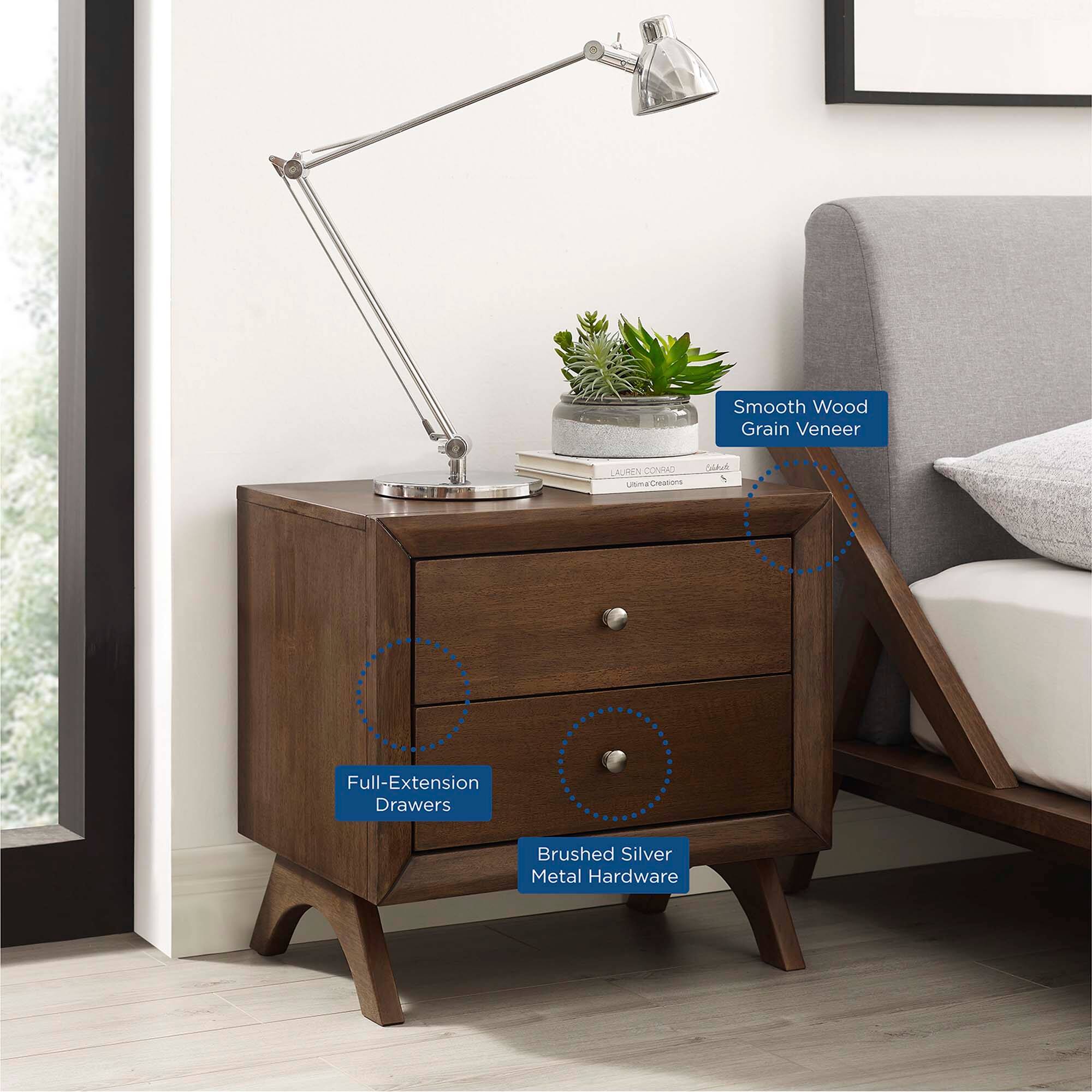 Smooth Wood Grain Veneer  
Full-Extension Drawers  
Brushed Silver Metal Hardware