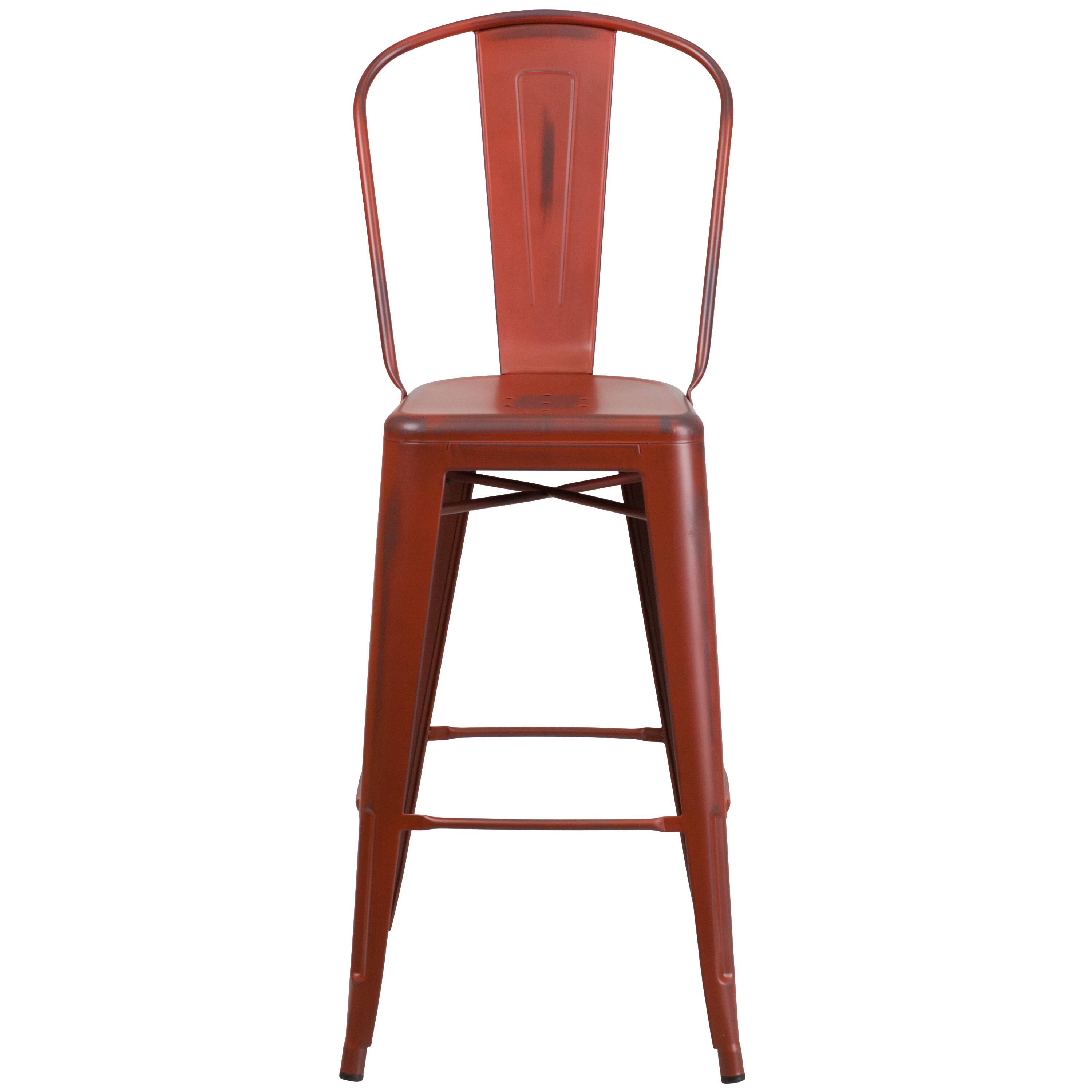 Alt View 7. Emma + Oliver - Commercial Grade 30"H Distressed Colorful Metal Indoor-Outdoor Barstool w/ Back - Kelly Red.