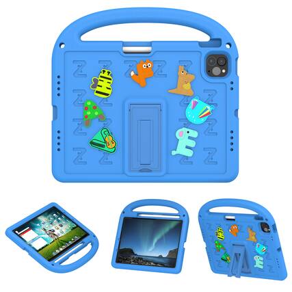 Front. Dteck - Kids Shock-absorbent TPU Tablet Case for Apple iPad Pro (M4) 11" 2024 with Shoulder Strap and Pencil Holder Back Cover - Blue.