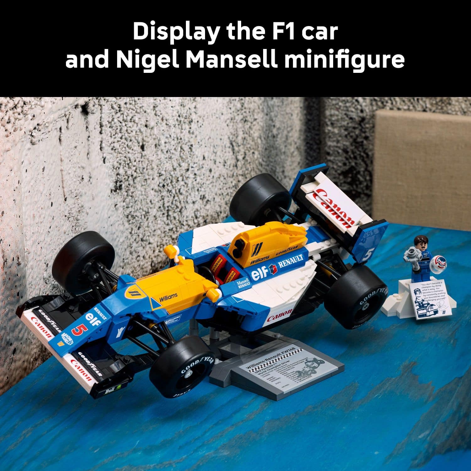 Display the F1 car and Nigel Mansell minifigure.