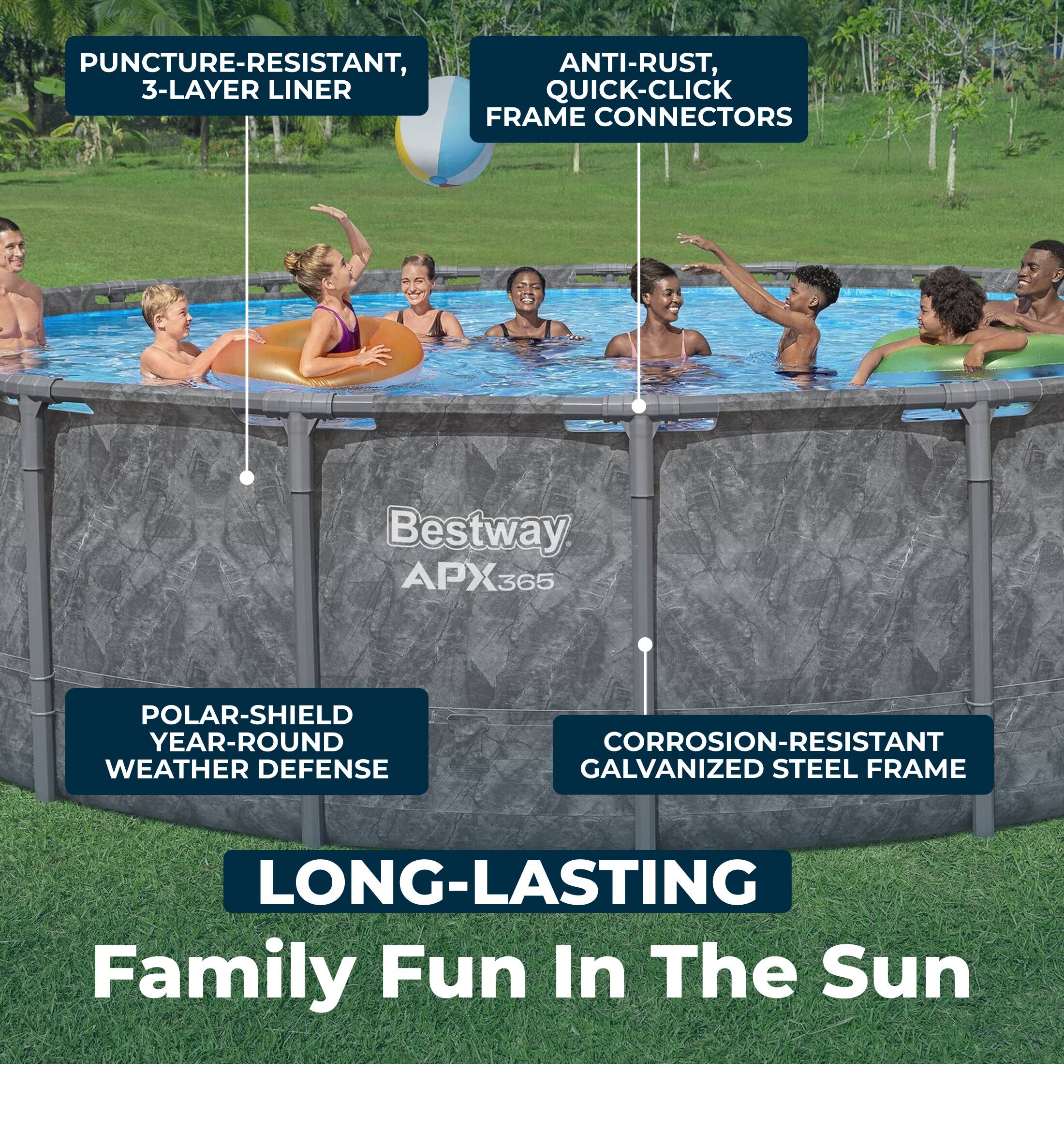PUNCTURE-RESISTANT, 3-LAYER LINER  
ANTI-RUST, QUICK-CLICK FRAME CONNECTORS  
POLAR-SHIELD YEAR-ROUND WEATHER DEFENSE  
CORROSION-RESISTANT GALVANIZED STEEL FRAME  

Bestway APX365  

LONG-LASTING  
Family Fun In The Sun