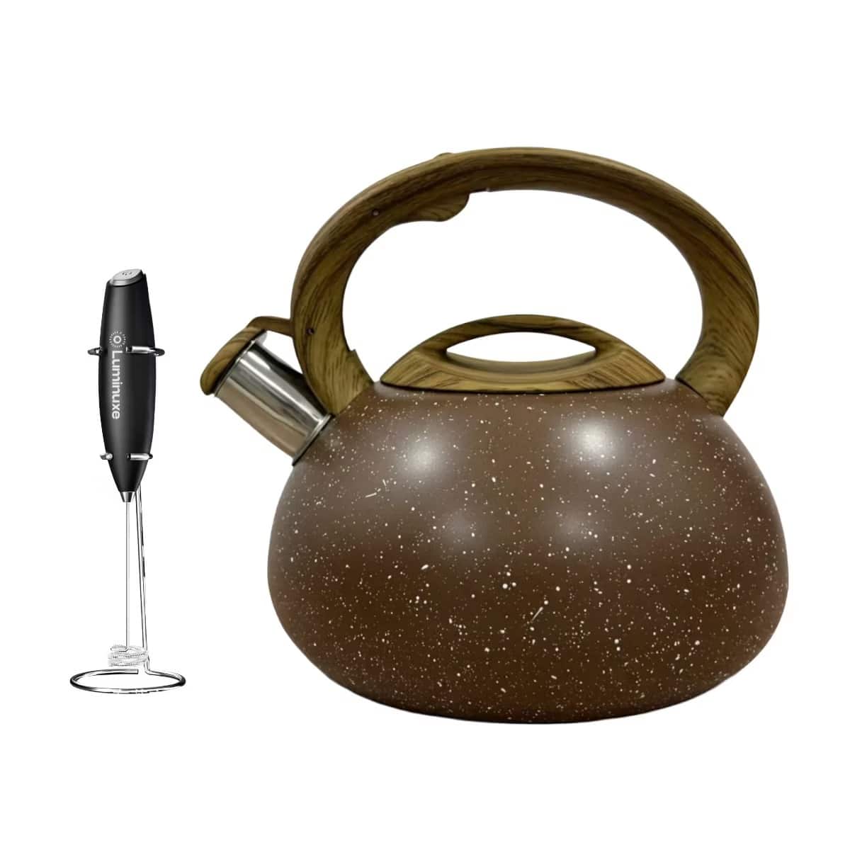 Luminuxe - Whistling Tea Kettle & Milk Frother Set, 2.4qt Stainless Steel Whistling Tea Kettle & Handheld Frother, Foam Maker - Marble Brown