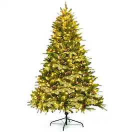 Costway - 6.5Ft Pre-lit Snow Flocked Hinged Artificial Christmas Spruce Tree w/ 450 Lights - Green