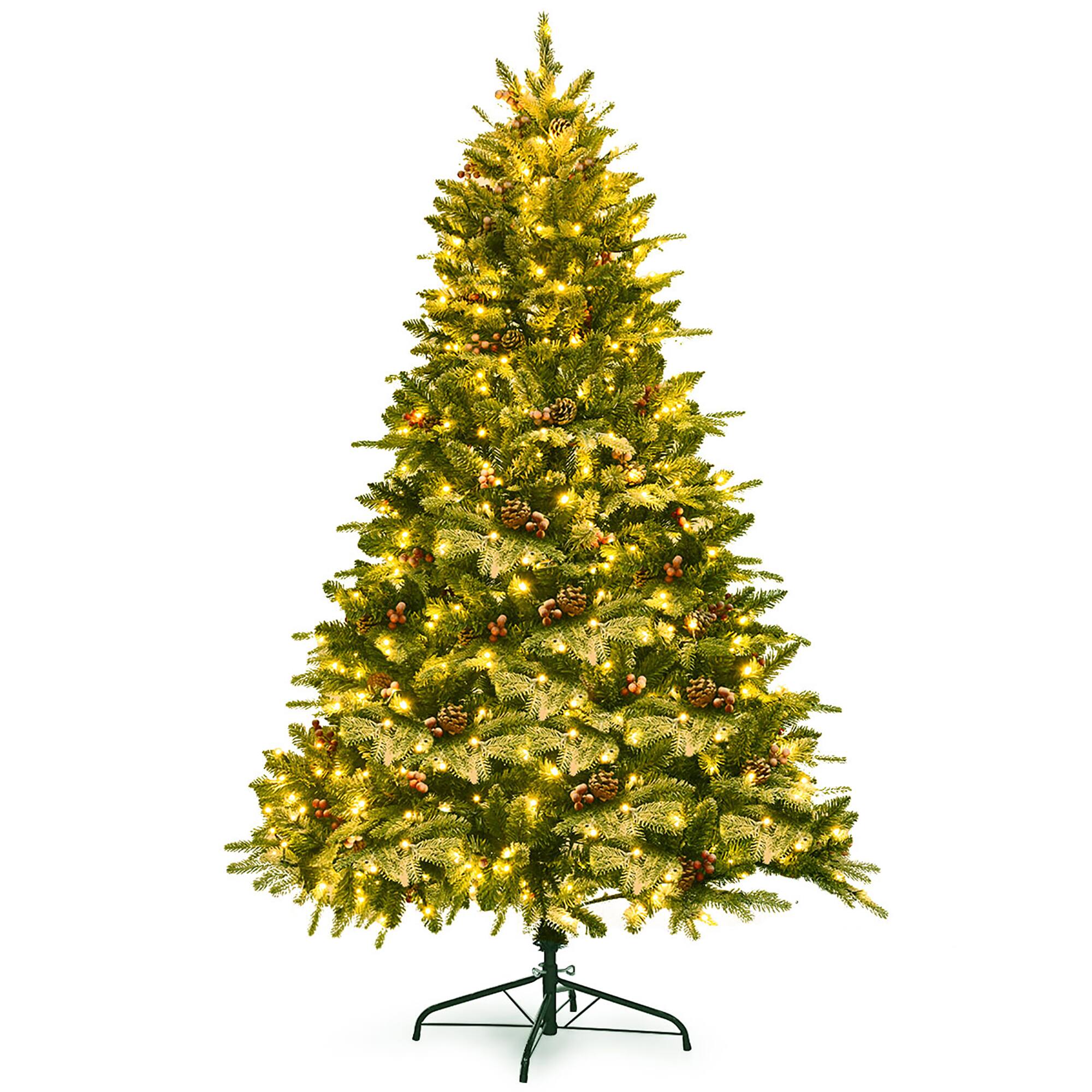 Costway - 6.5Ft Pre-lit Snow Flocked Hinged Artificial Christmas Spruce Tree w/ 450 Lights - Green