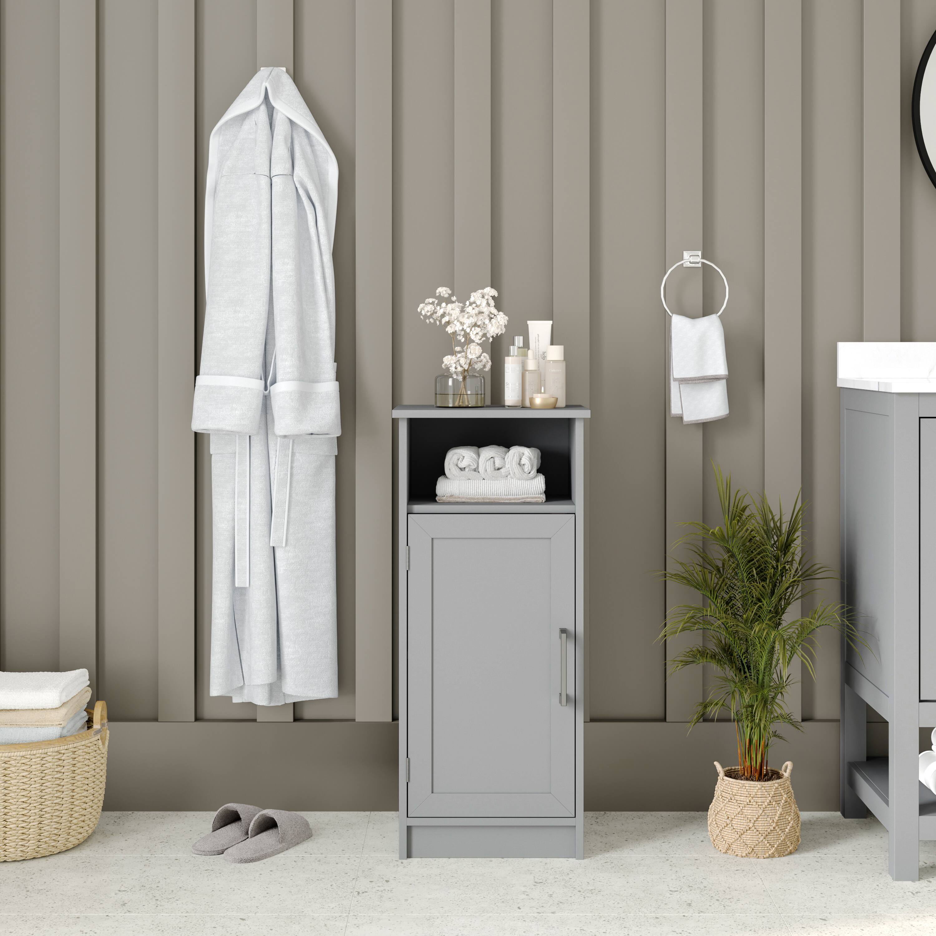 Front. Emma + Oliver - Vesta Bathroom Storage Cabinet Organizer with Adjustable In-Cabinet Shelf, Magnetic Closure Door, and Upper Open Shelf - Gray.