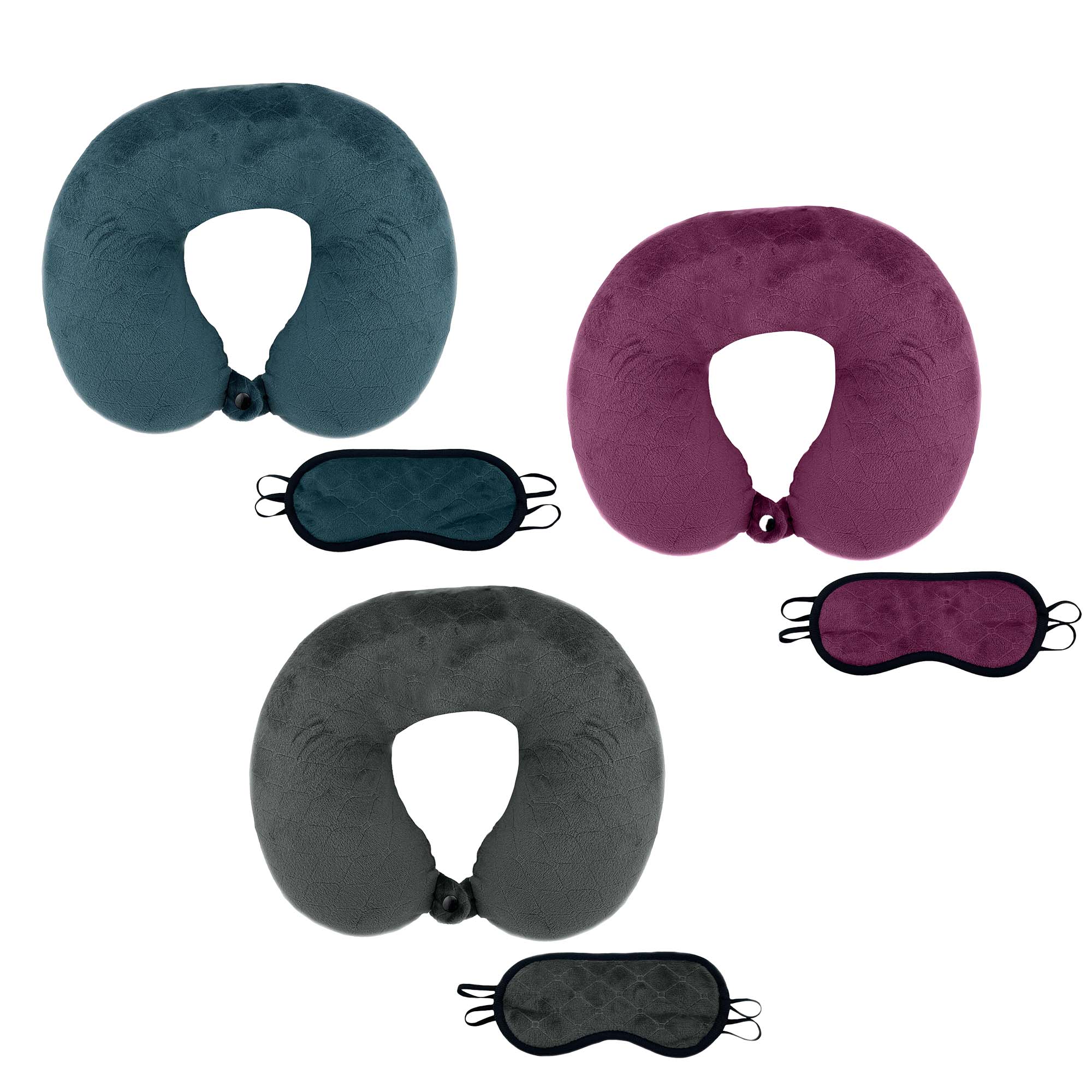 3 Memory Foam Travel Pillows with Sleep Masks by Pursonic - Multicolor