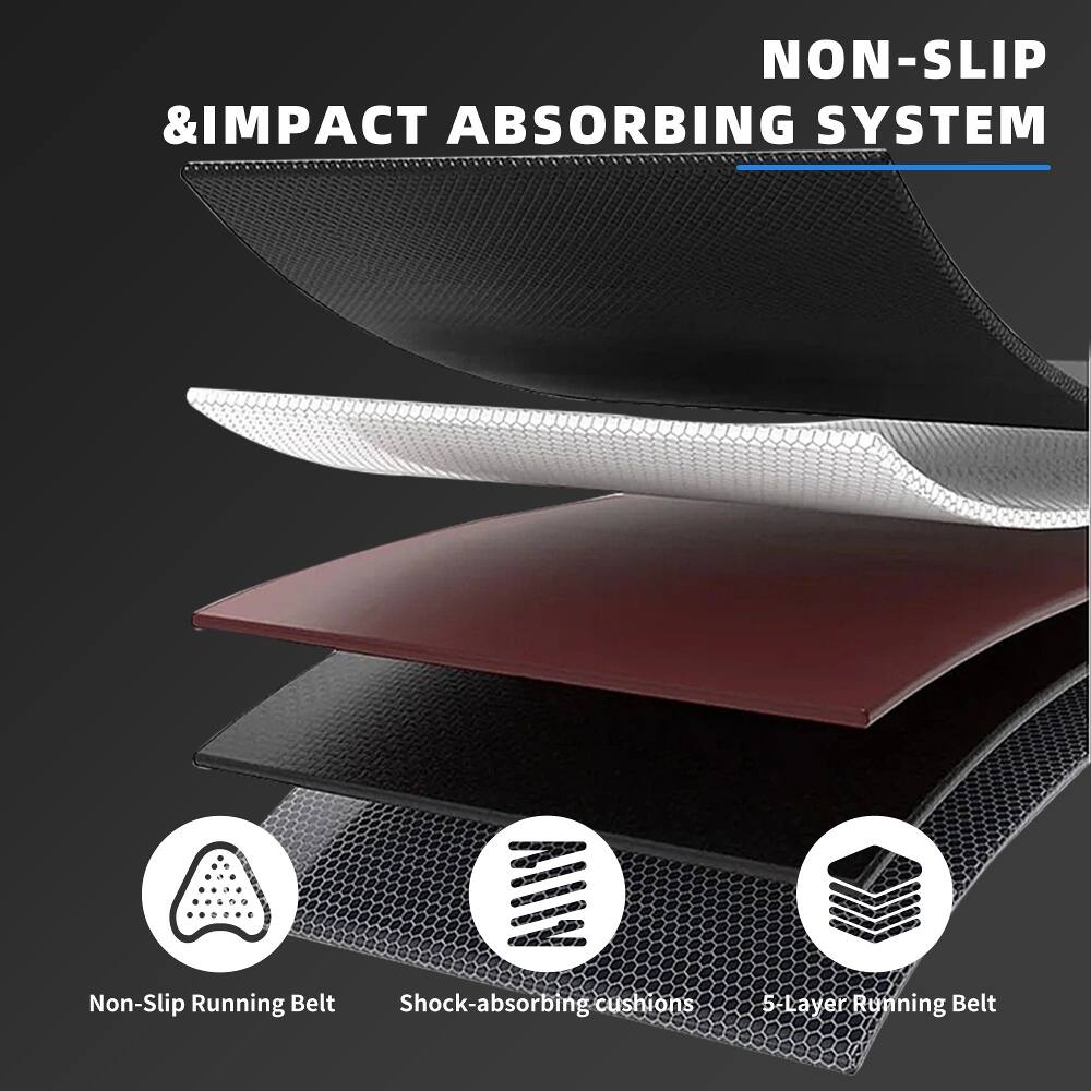 NON-SLIP & IMPACT ABSORBING SYSTEM  
Non-Slip Running Belt  
Shock-absorbing cushions  
5 Layer Running Belt