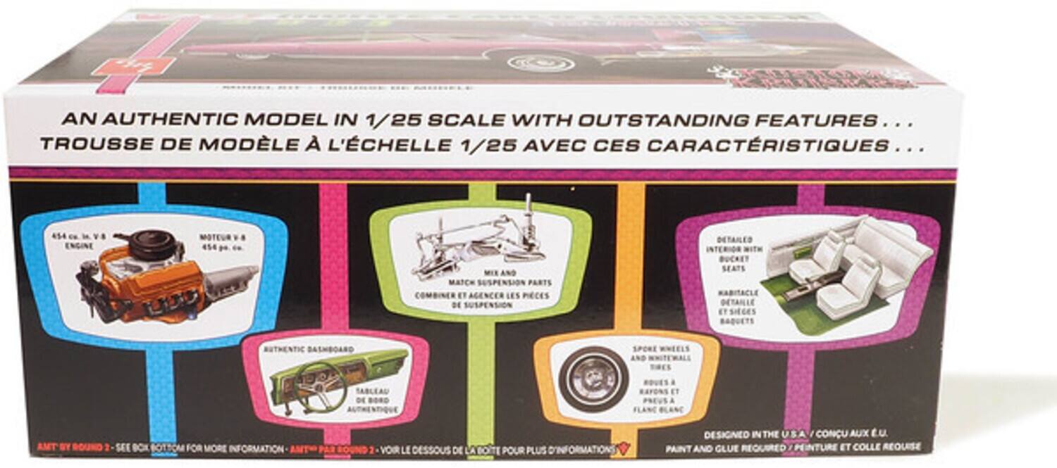 AN AUTHENTIC MODEL IN 1/25 SCALE WITH OUTSTANDING FEATURES...
TROUSSE DE MODÈLE À L'ÉCHELLE 1/25 AVEC CES CARACTÉRISTIQUES...

- 454 ENGINE
  MOTEUR 454

- MATCH SUSPENSION PARTS
  COMBINEUR AGENCER LES PIÈCES DE SUSPENSION

- DETAILED BUCKET SEATS
  SIÈGES BUCHETTES DÉTAILLÉS

- AUTHENTIC DASHBOARD
  TABLEAU DE BORD AUTHENTIQUE

- SPARE WHEEL AND HUBCAPS
  ROUE DE RÉSERVE ET COUVERCLE DE RÉSERVE

DESIGNED IN THE USA / CONÇU AUX É.U.
PAINT AND GLUE REQUIRED / PEINTURE ET COLLE REQUISE

SEE BOTTOM OF BOX FOR MORE INFORMATION / VOIR LE DESSOUS DE LA BOÎTE POUR PLUS D'INFORMATIONS