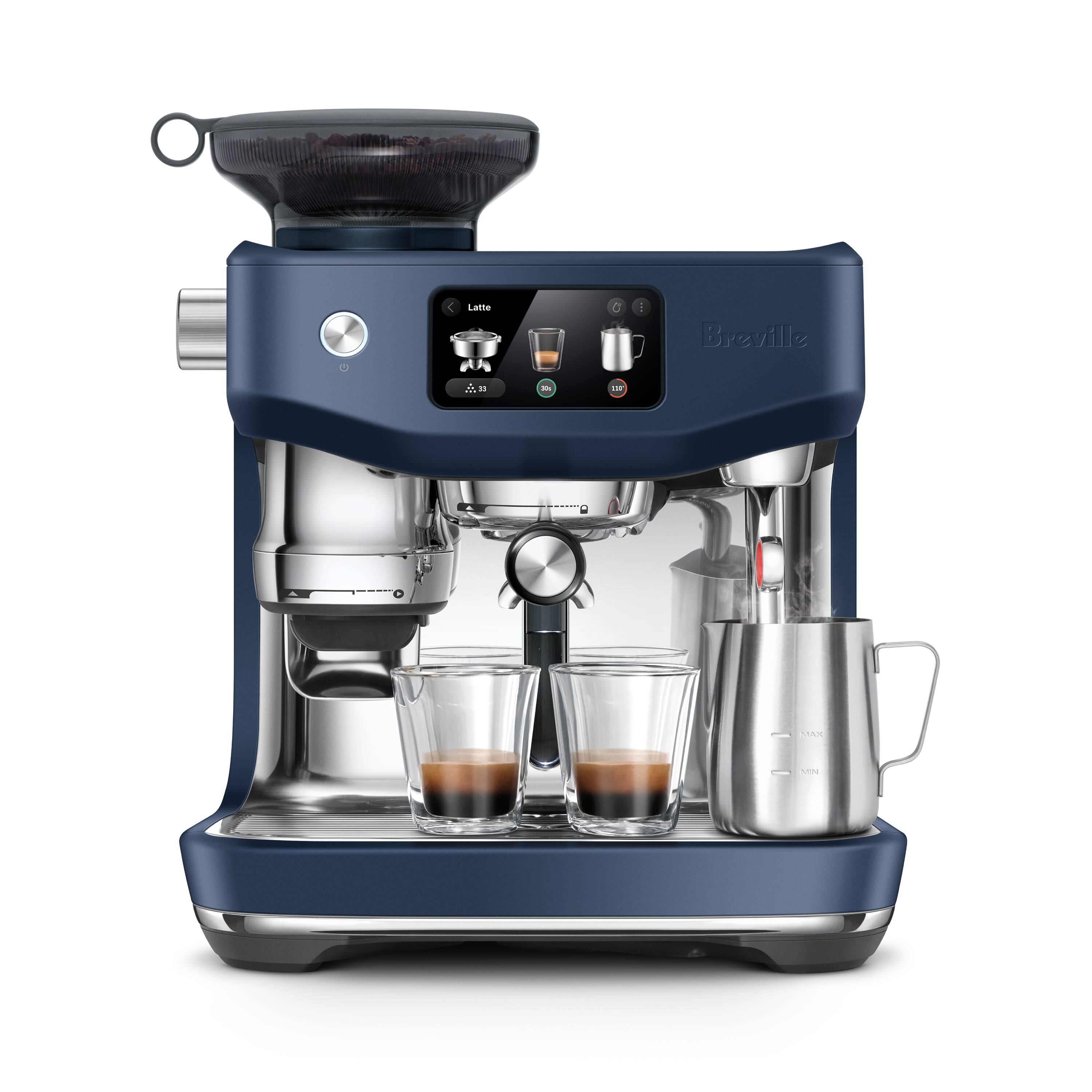 The image features a blue coffee maker with a timer and a display screen. The coffee maker is filled with coffee and has a cup of coffee on the counter. The coffee maker is made by Breville, a company known for its high-quality appliances. The scene showcases the convenience and efficiency of this coffee maker, making it an ideal choice for those who enjoy a quick and delicious cup of coffee.