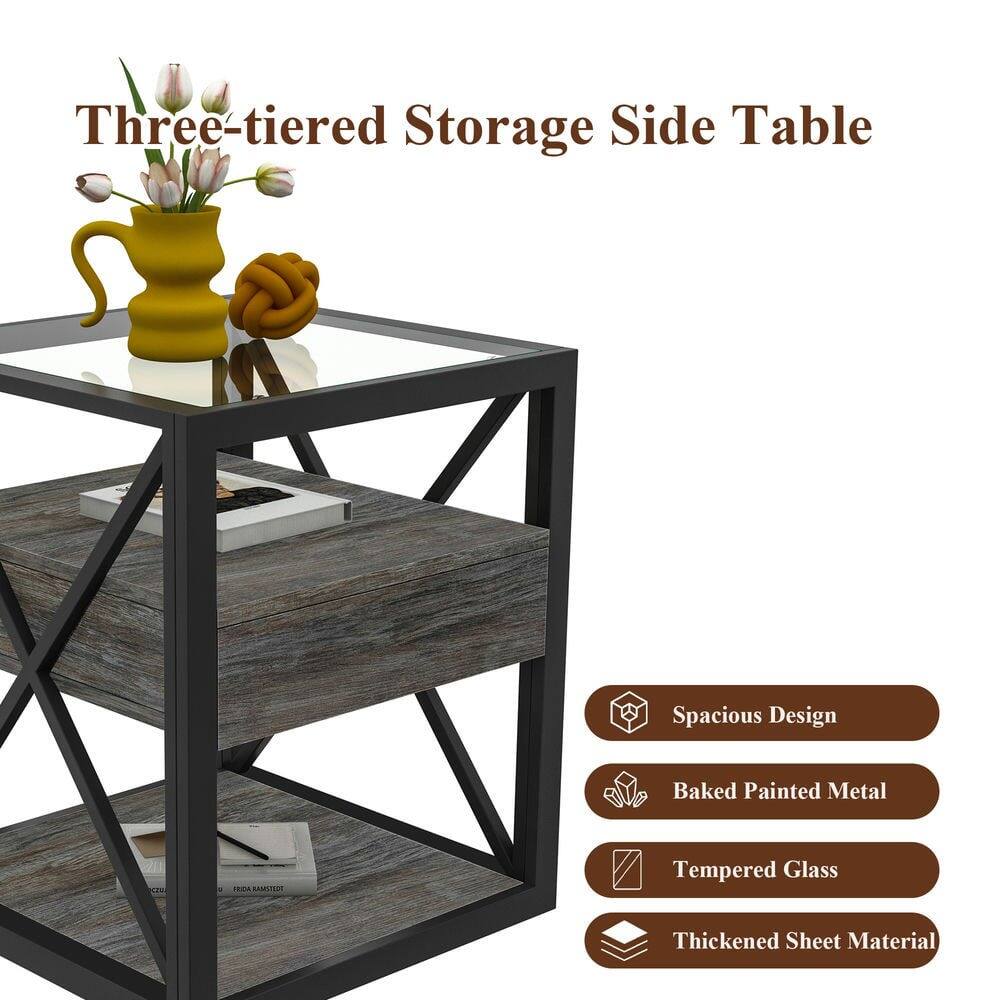 Three-tiered Storage Side Table, Spacious Design, Baked Painted Metal, Tempered Glass, Thickened Sheet Material