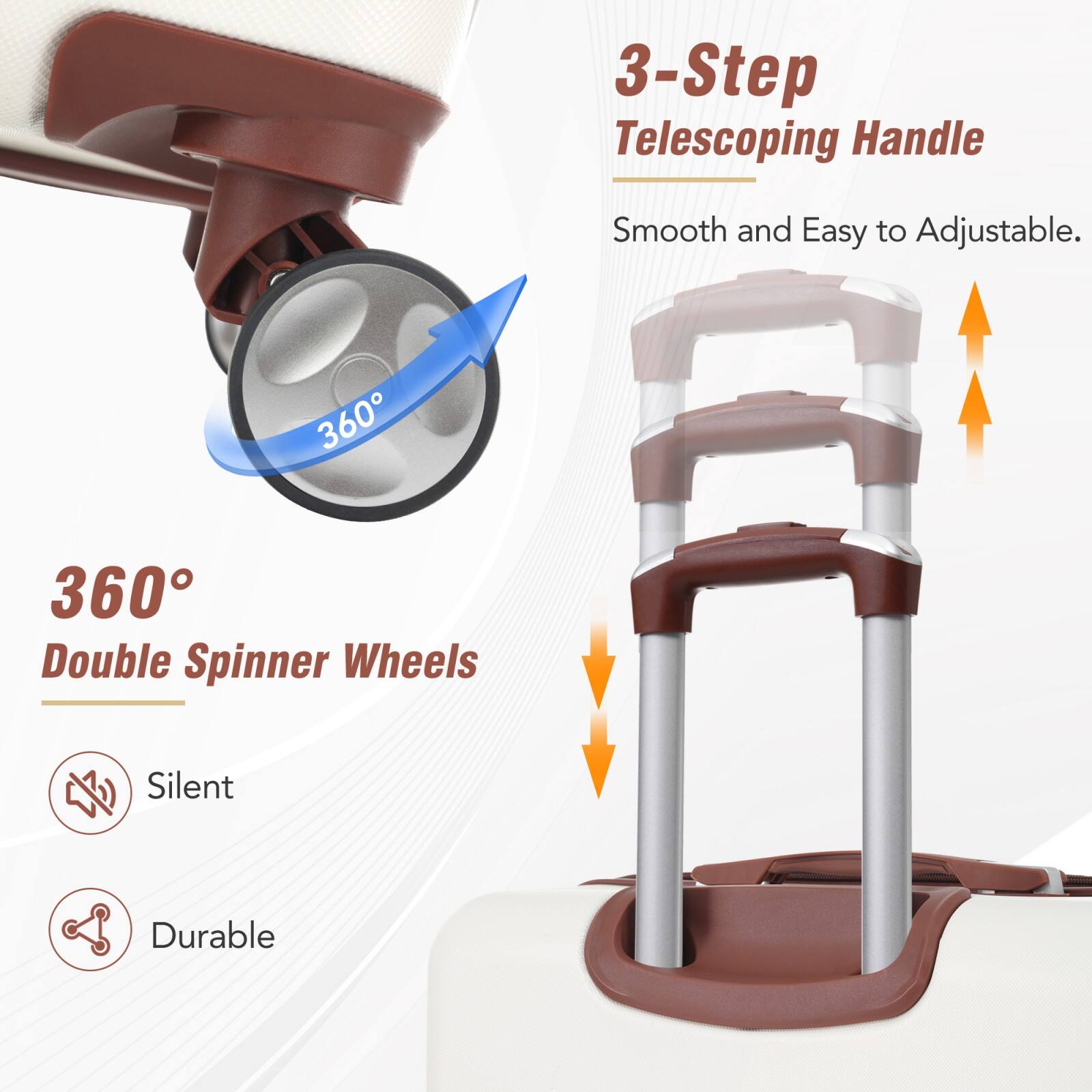 3-Step Telescoping Handle  
Smooth and Easy to Adjustable.

360° Double Spinner Wheels  
Silent  
Durable