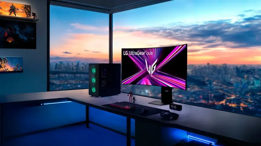 A LG UltraGear OLED TV is displayed in a room with a large window. The TV is turned on and is placed on a desk. The room also features a computer desk with a keyboard and mouse.